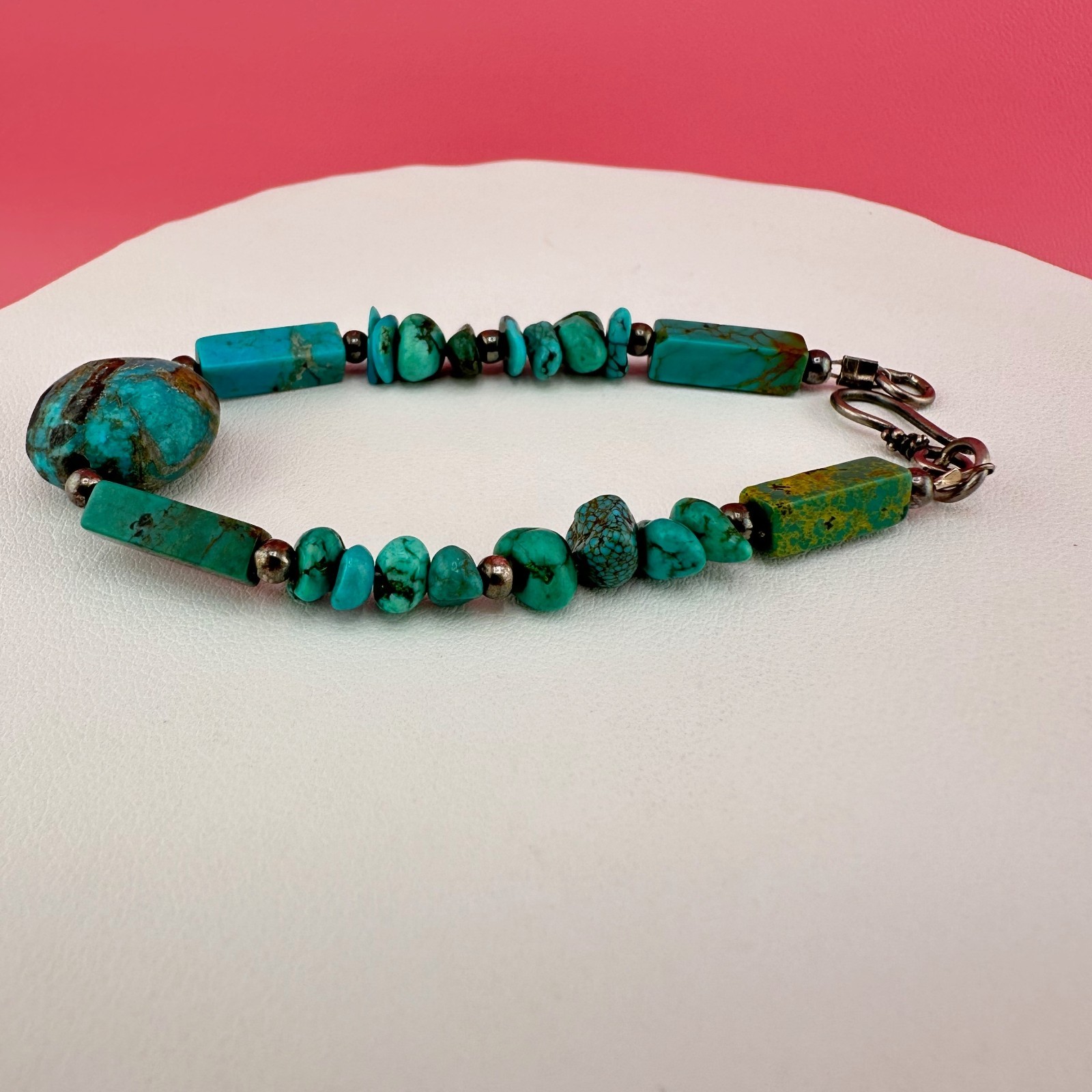 Vintage Turquoise Bead Sterling Silver Bracelet Blue Green South Western 6.25″