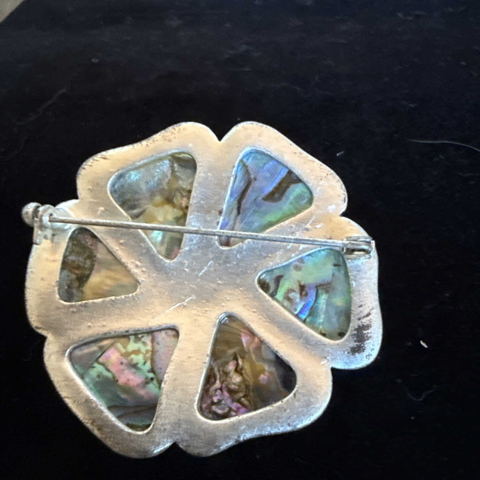 VTG MCM 3-D Abalone multi layer flower brooch Silver tone metal (2″)