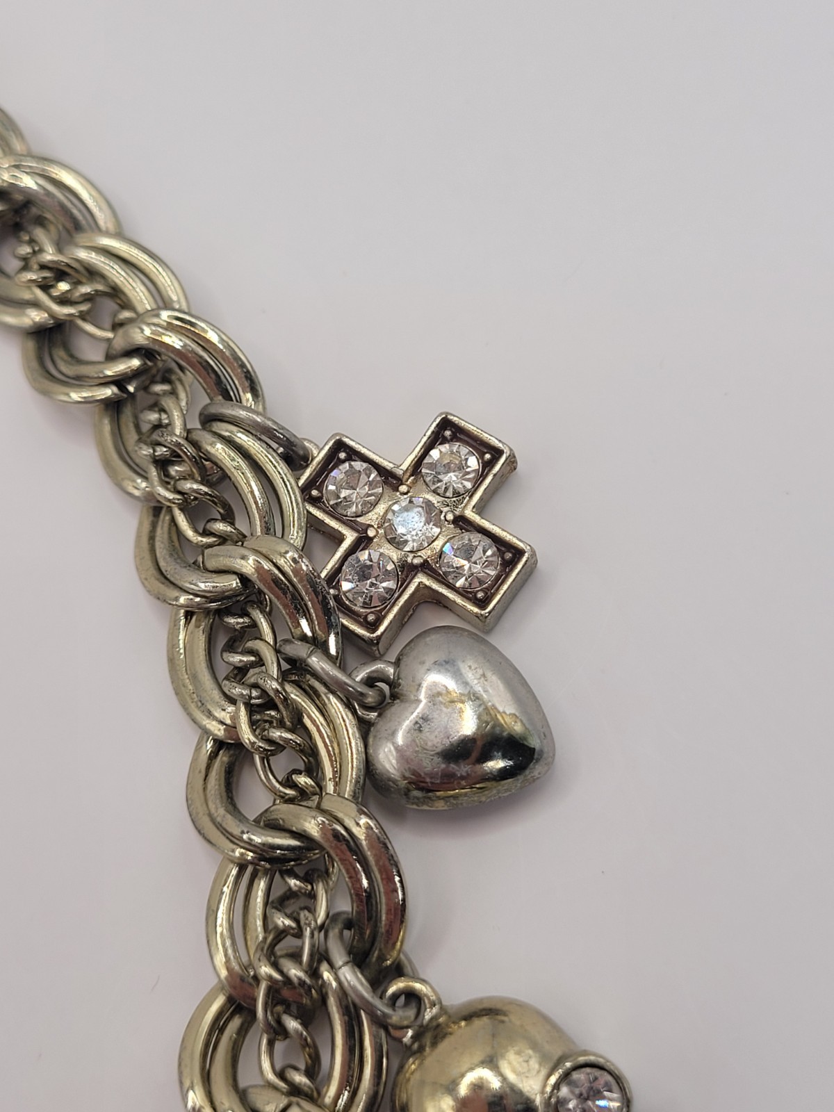 Punk Retro Gwen Skulls Hearts Crosses Charm Necklace Gold Tone Crystals 18″