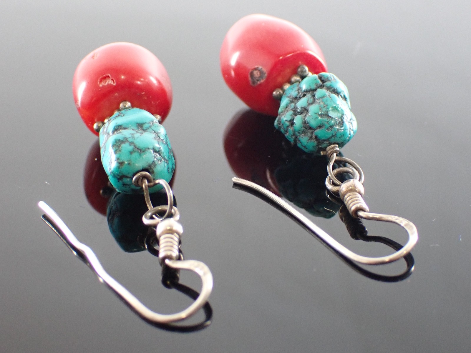 Vintage Sterling Drop Earrings Red Bead & Turquoise Matrix Stones Artisan