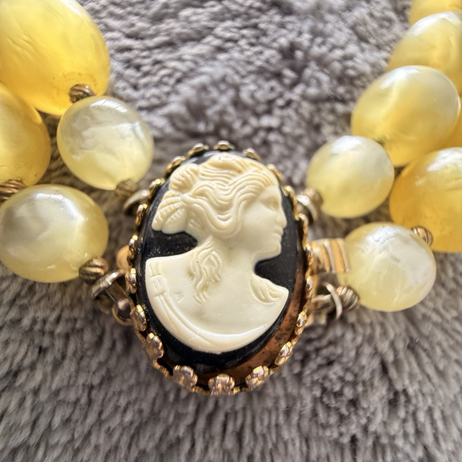 Cameo Necklace Butterscotch Vintage 1950s Yellow Lucite Double Strand