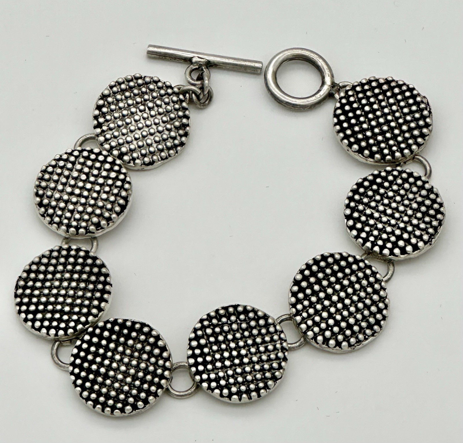 Sterling Silver 925 Mexico CII Textured Dome Disk and Toggle Closer Bracelet 44g