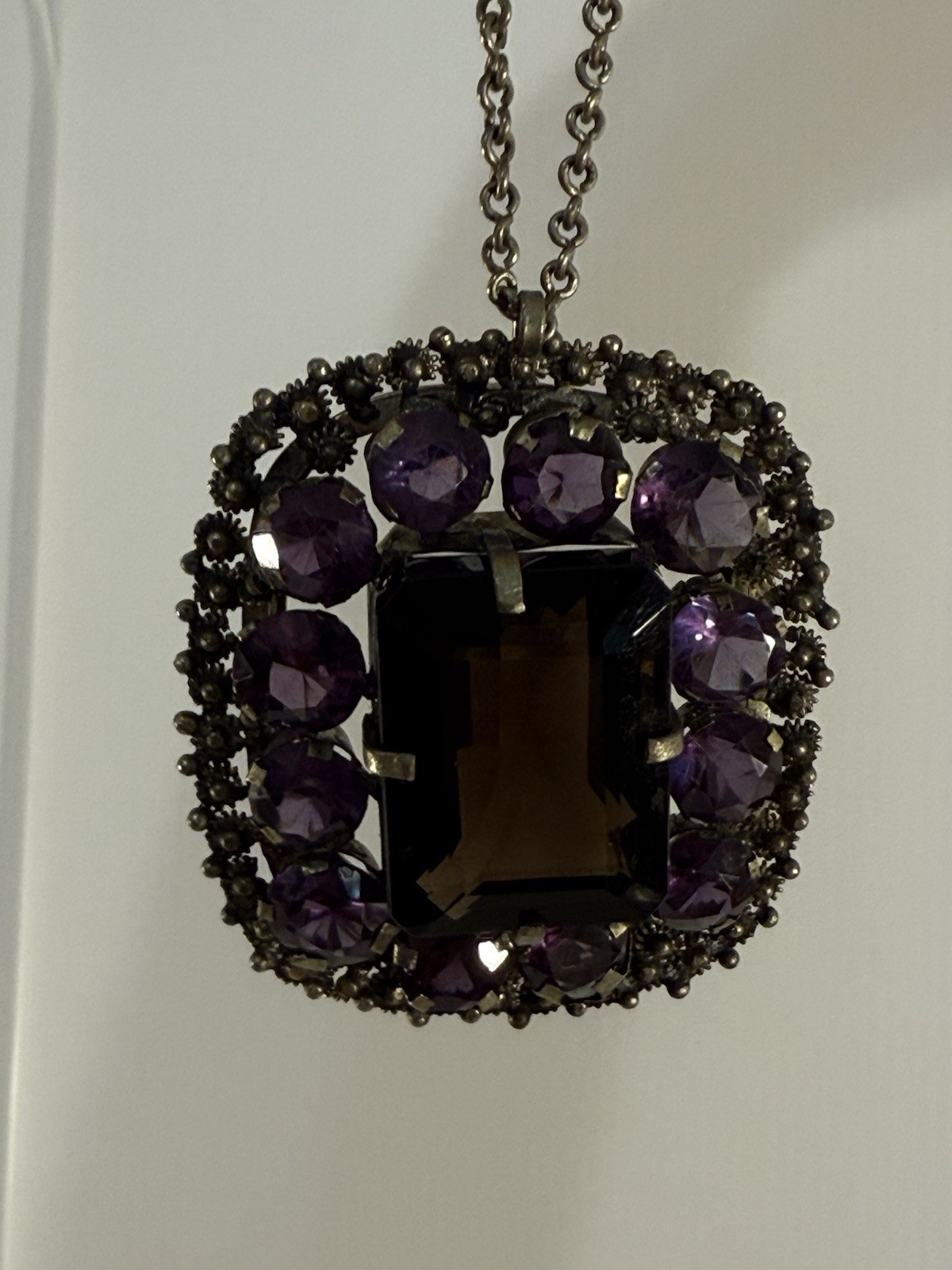 Vintage Thai Amethyst Smoky Quartz Pendant Large Statement Necklace