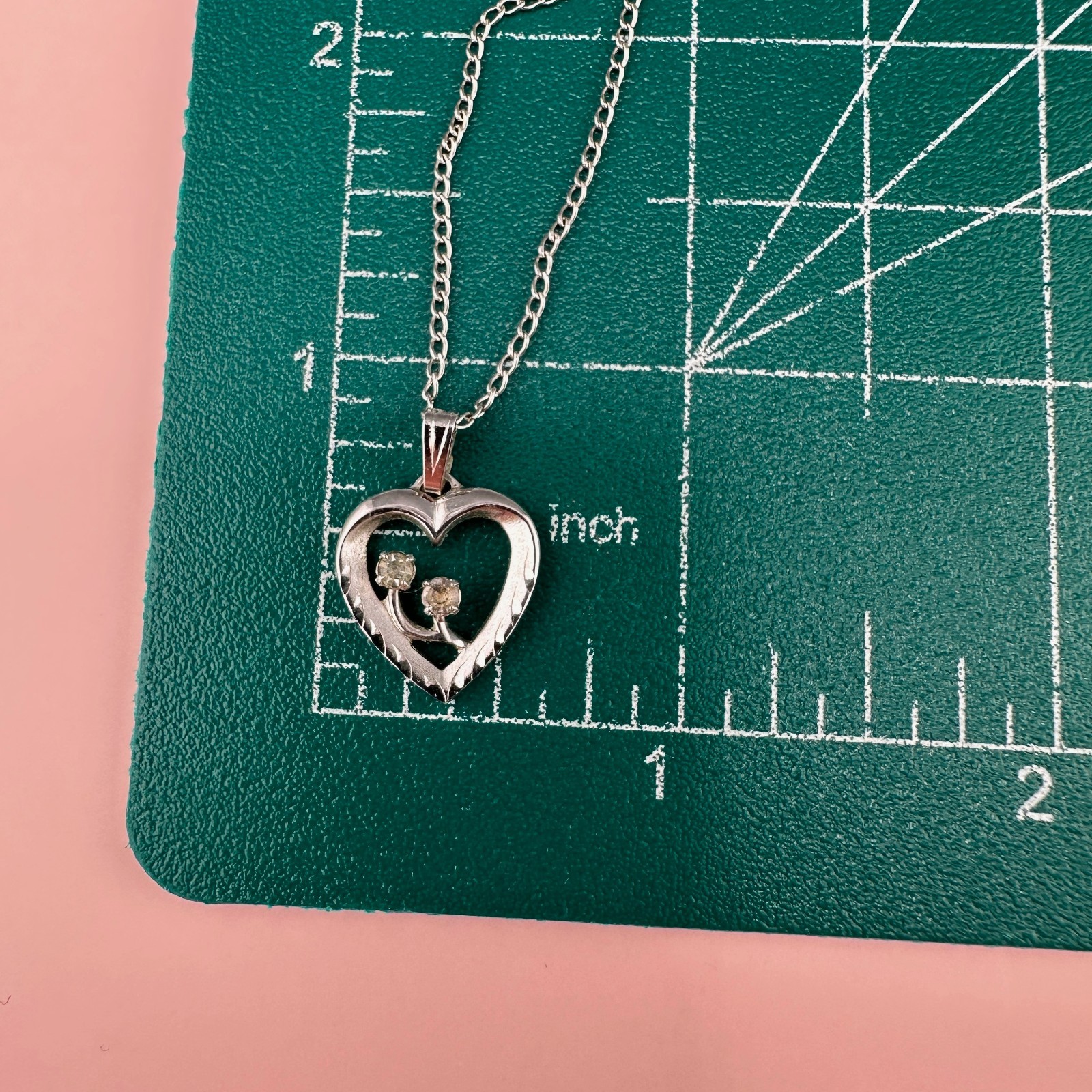 Vintage Sterling Silver Rhinestone Heart Pendant Necklace 925 Chain 16″ Signed