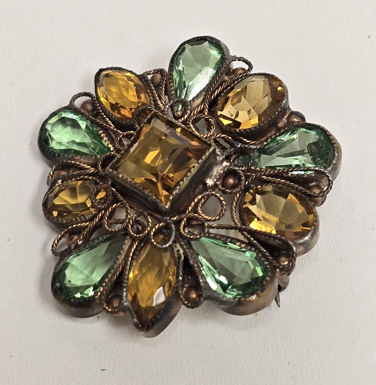 Vintage Fashioncraft Robert Brass Filigree Bezel Green Yellow Rhinestone Brooch