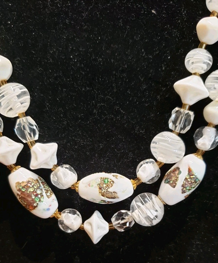 Vtg MCM Bridal Wedding Double Strand White Glass Bead Choker with Gold Accent
