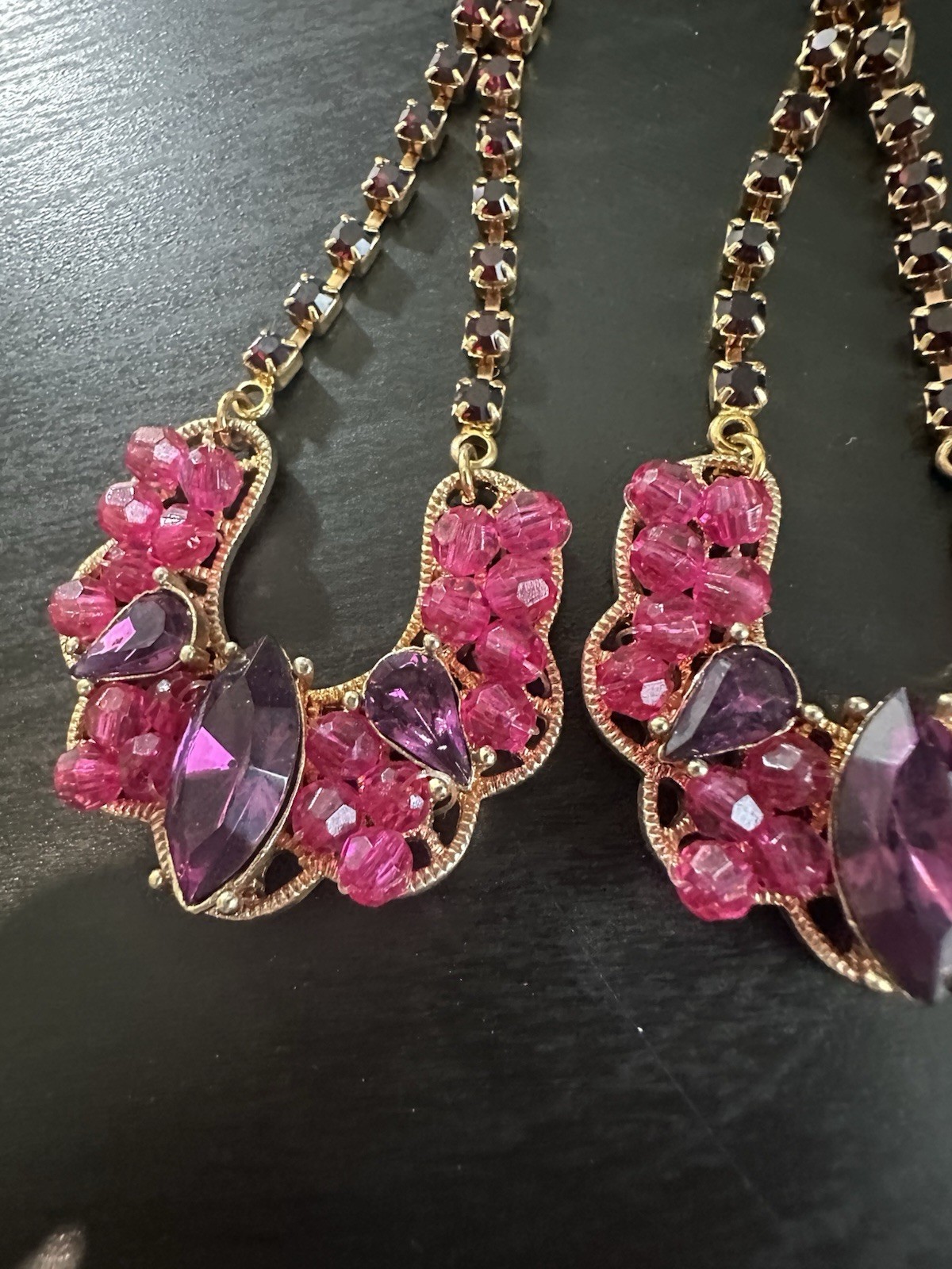 Nice Vintage Gold Tone Pink Purple Deep Red Rhinestone Dangle Hook Earrings