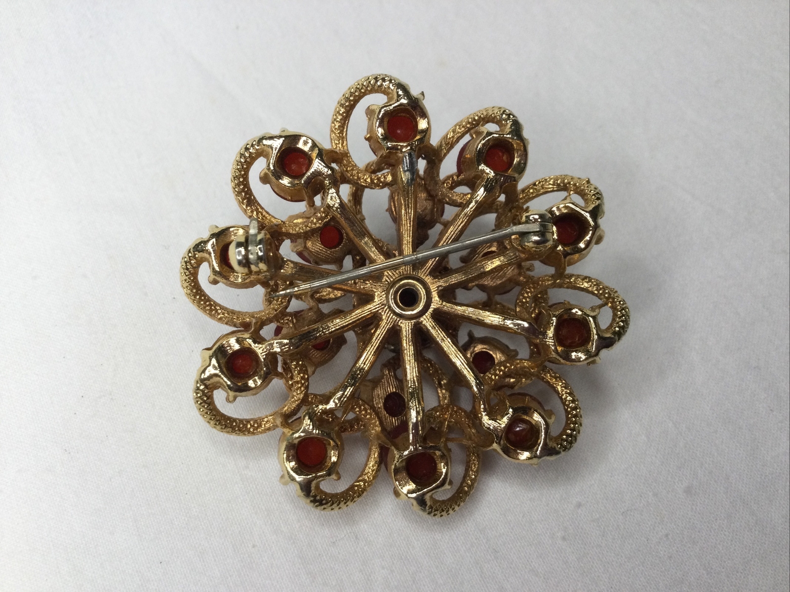 Vintage Sunburst Flower Swirl Brooch Pin Carnelian Goldtone 2” Multi Stone Retro