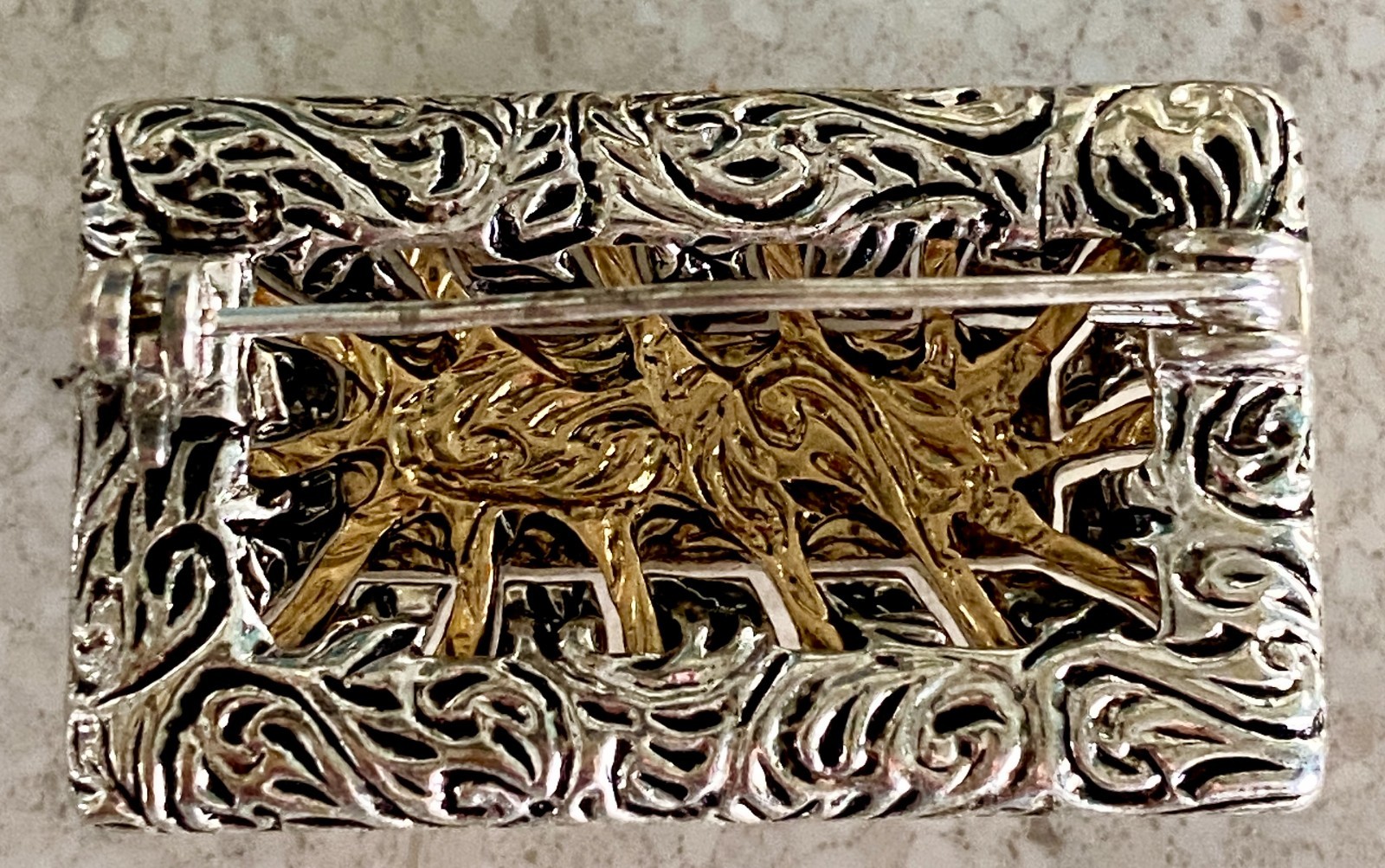 Vintage Art Deco Style Gilt Brooch Purple Rhinestone Silver & Gold Tone Filigree