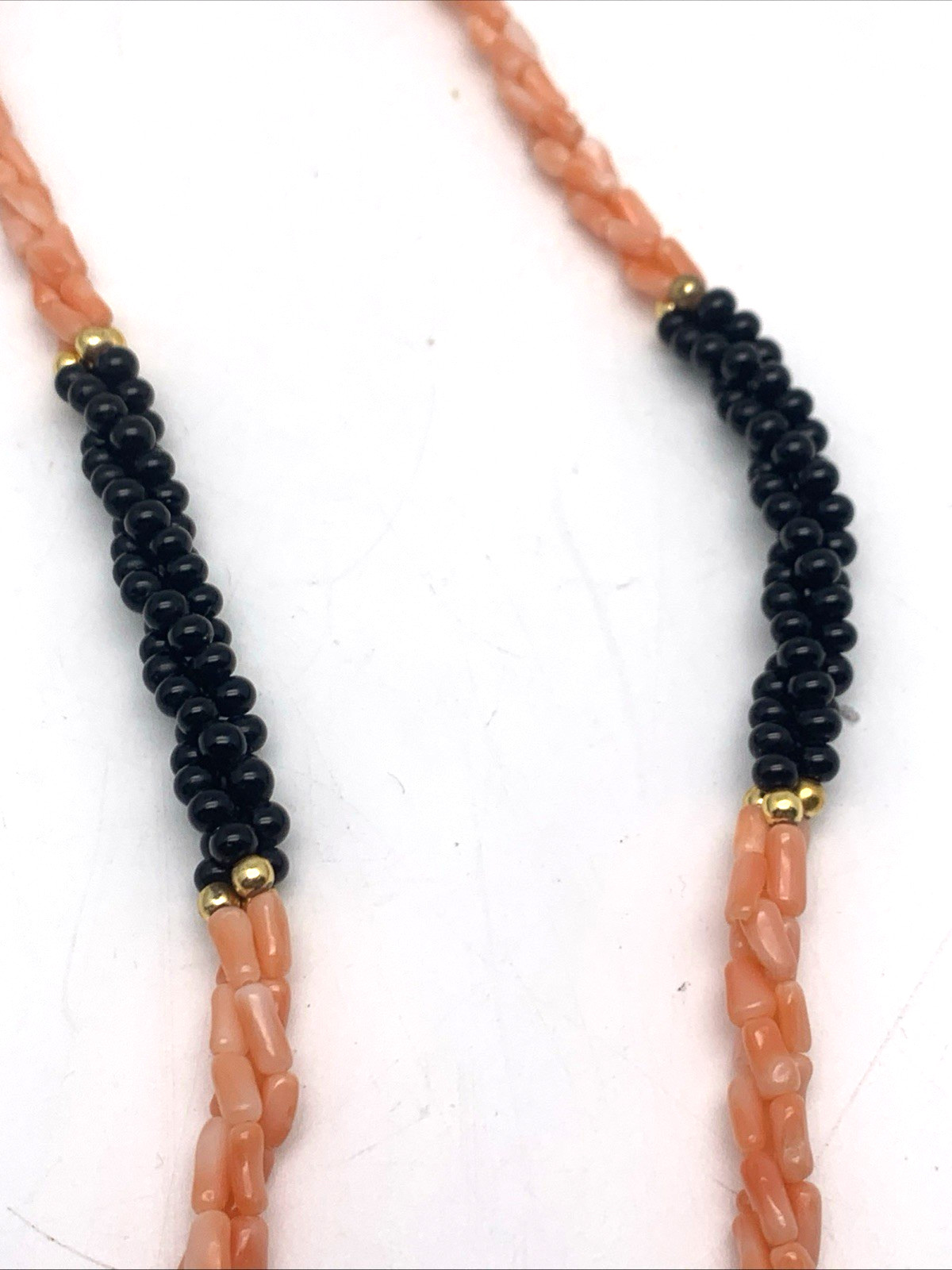 Vintage Twisted 3 Strand Coral & Onyx Beaded 30″ Necklace