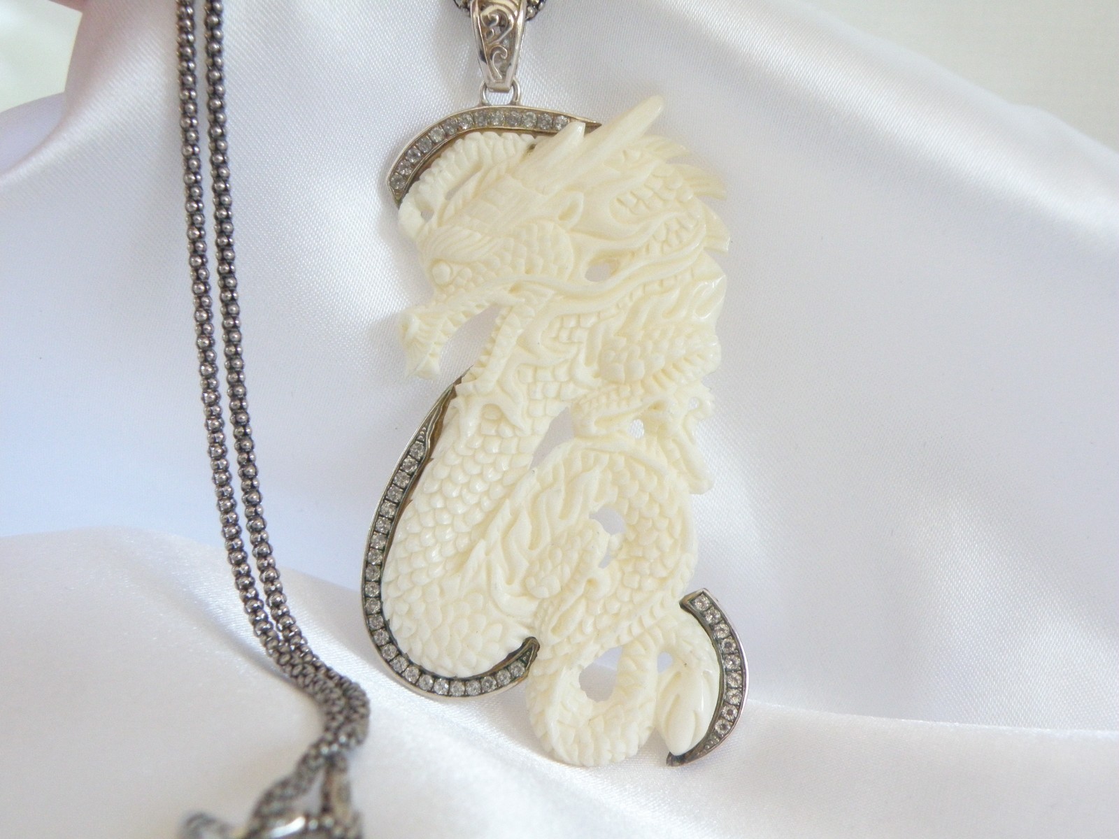 Huge Samuel B Carved CZ Dragon Statement Pendant Popcorn Mesh Necklace