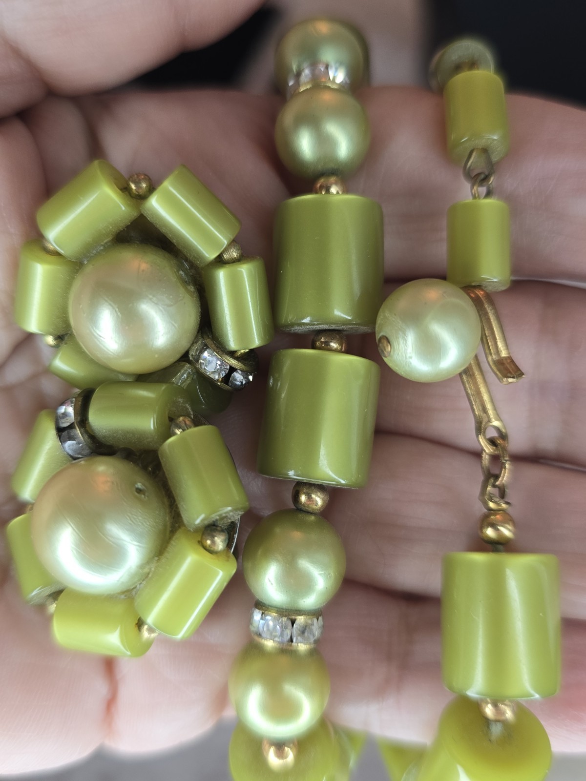 Vintage Lime Green Lucite Necklace Clip Earrings Set Rhinestone Spacer 16″ #450