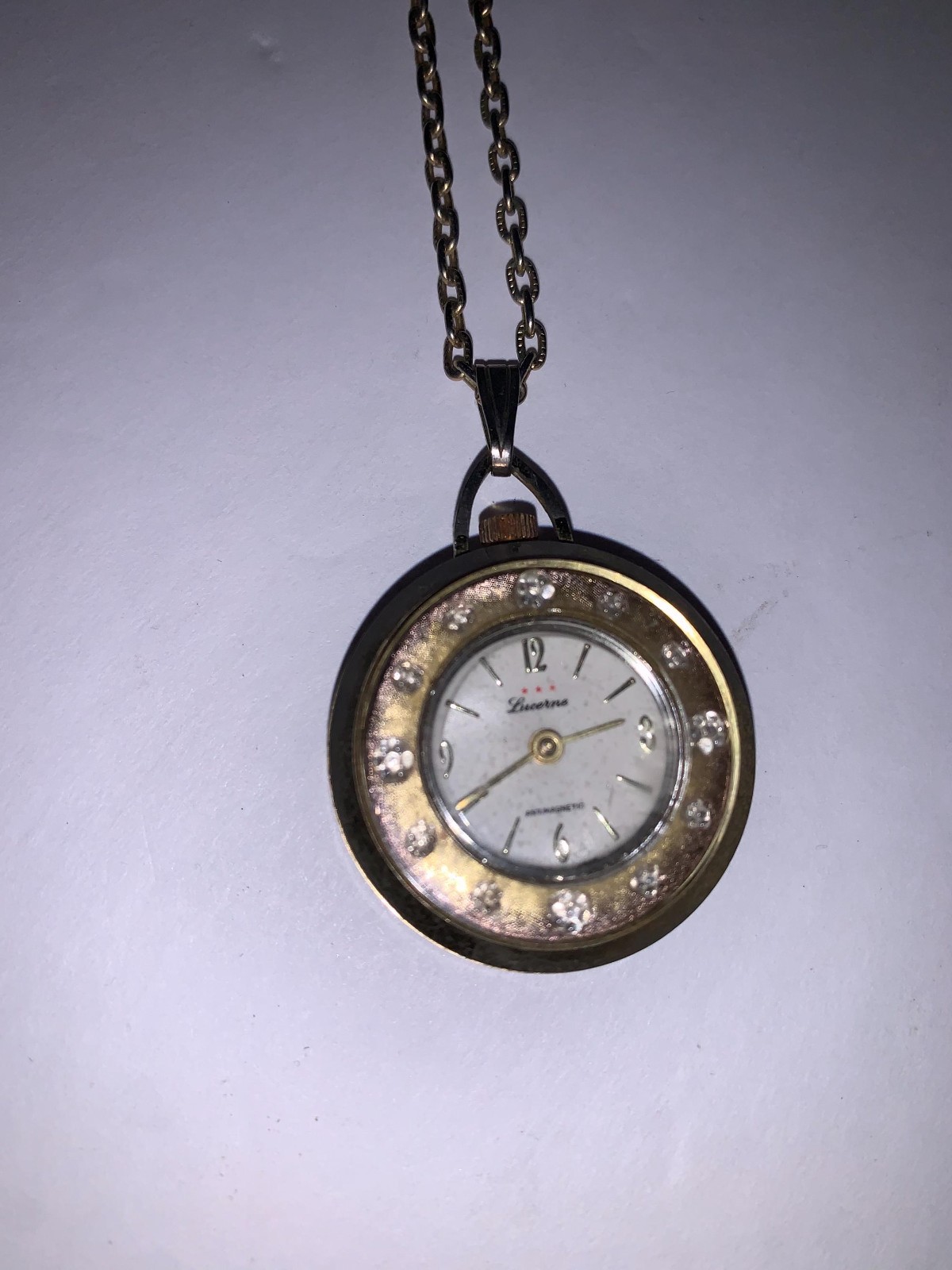 Vintage Lucerne Necklace Watch Gold Toned With Clear Rhinestone Not sure if work