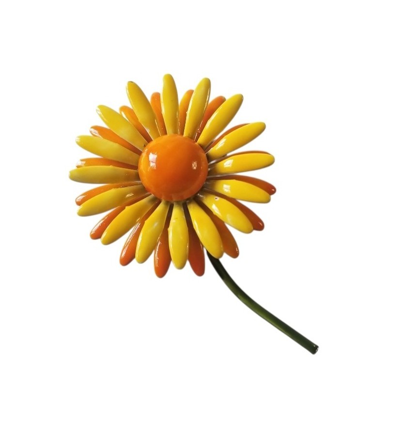 Vintage 1960’s Yellow And Orange Enamel Flower Power Brooch Daisy Mod Layered