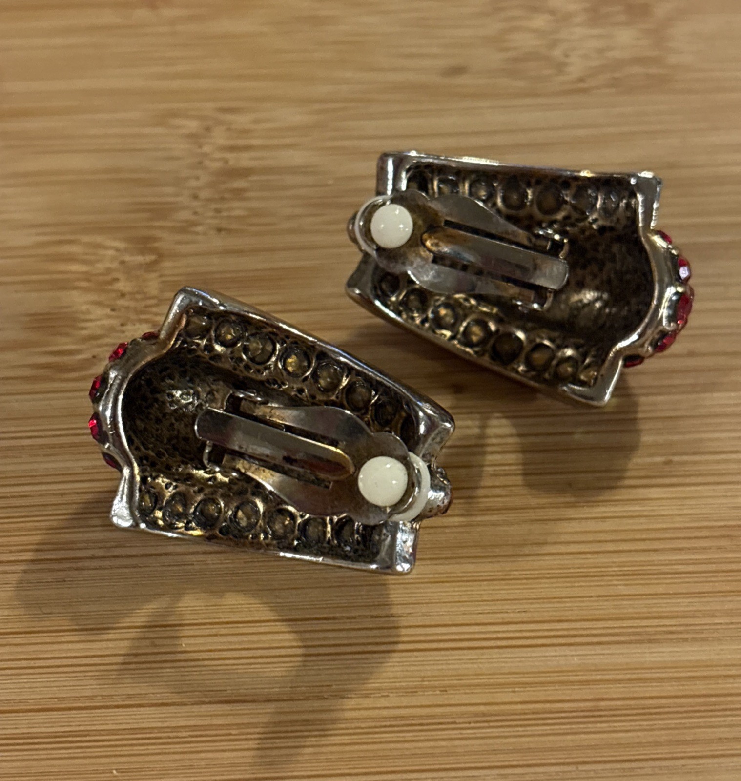 Vintage Red & Iridescent Rhinestone Clip Earrings Gold Tone