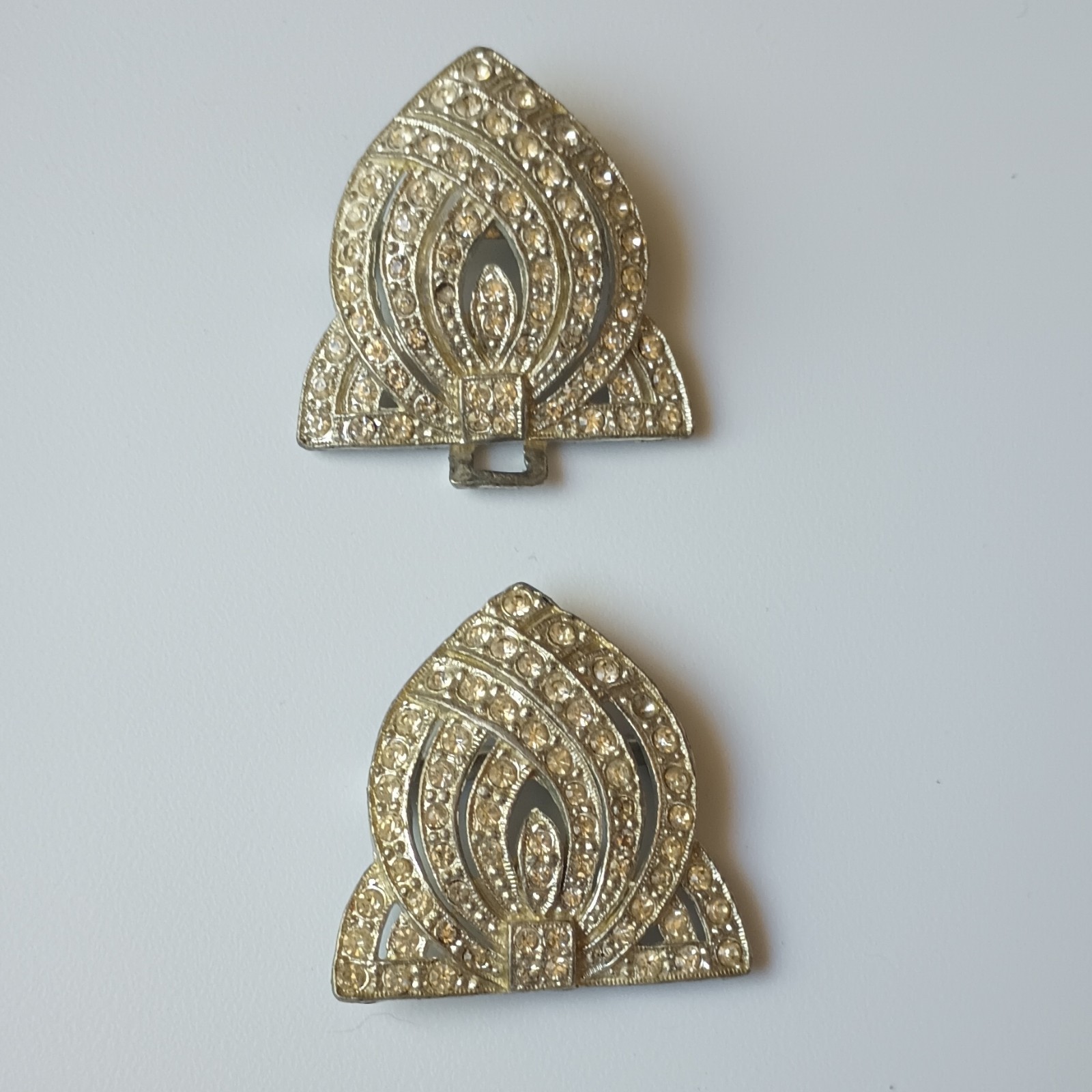 Gold Tone Clear Rhinestone Triangle Dress/Scarf Clips Pair Art Deco Women