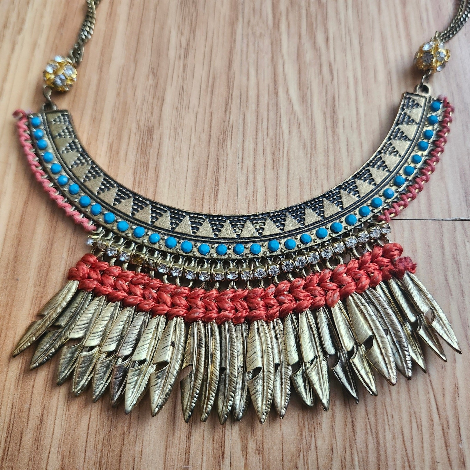 Boho Tribal Bib Fringe Statement Necklace Turquoise Beads Rhinestones Gold Tone