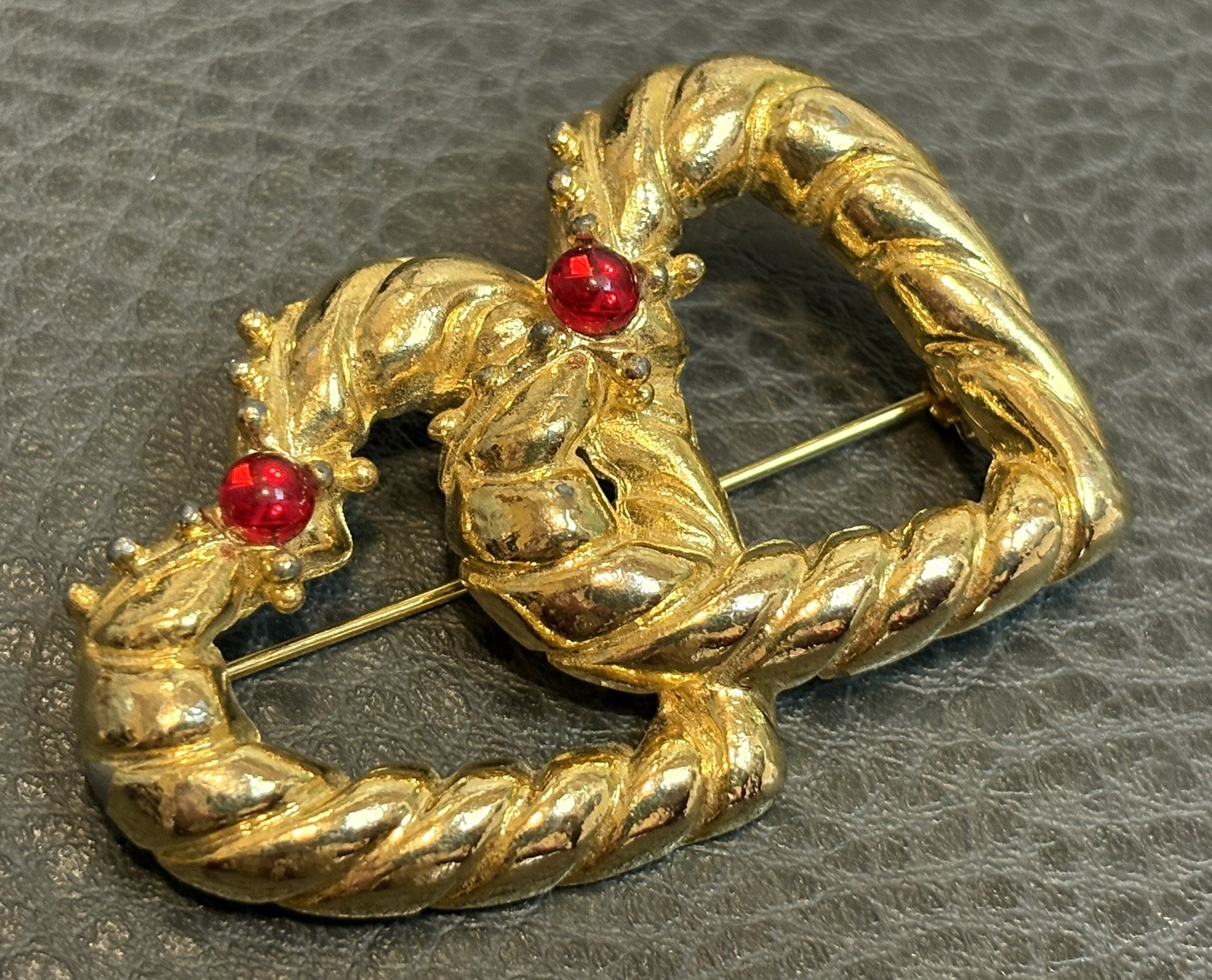 Vintage 80’s Double Heart Pin Brooch Red Gripoix Style Cabochon Gold Tone Runway