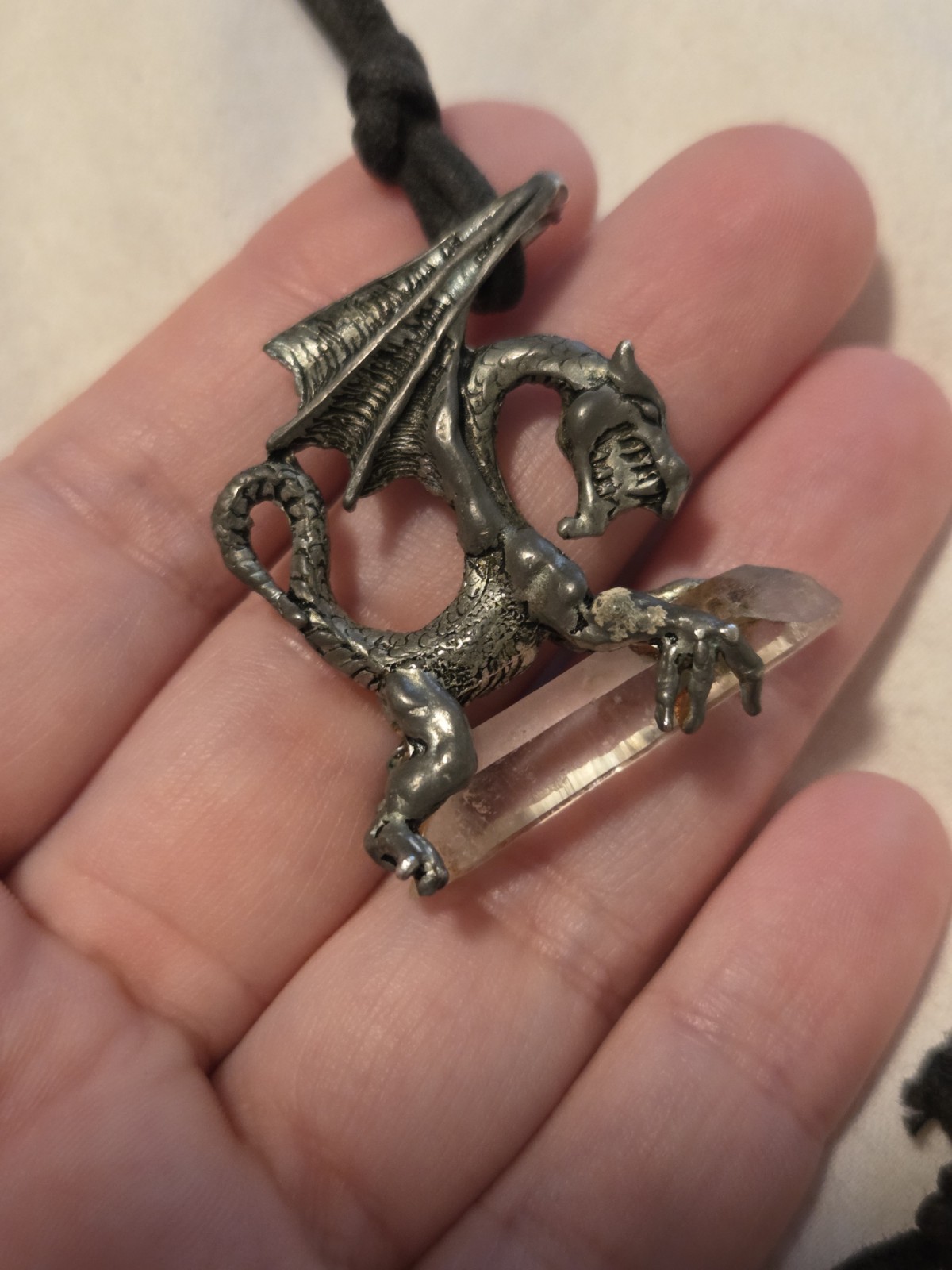 Vintage Pewter Dragon Holding Crystal Pendant Handmade