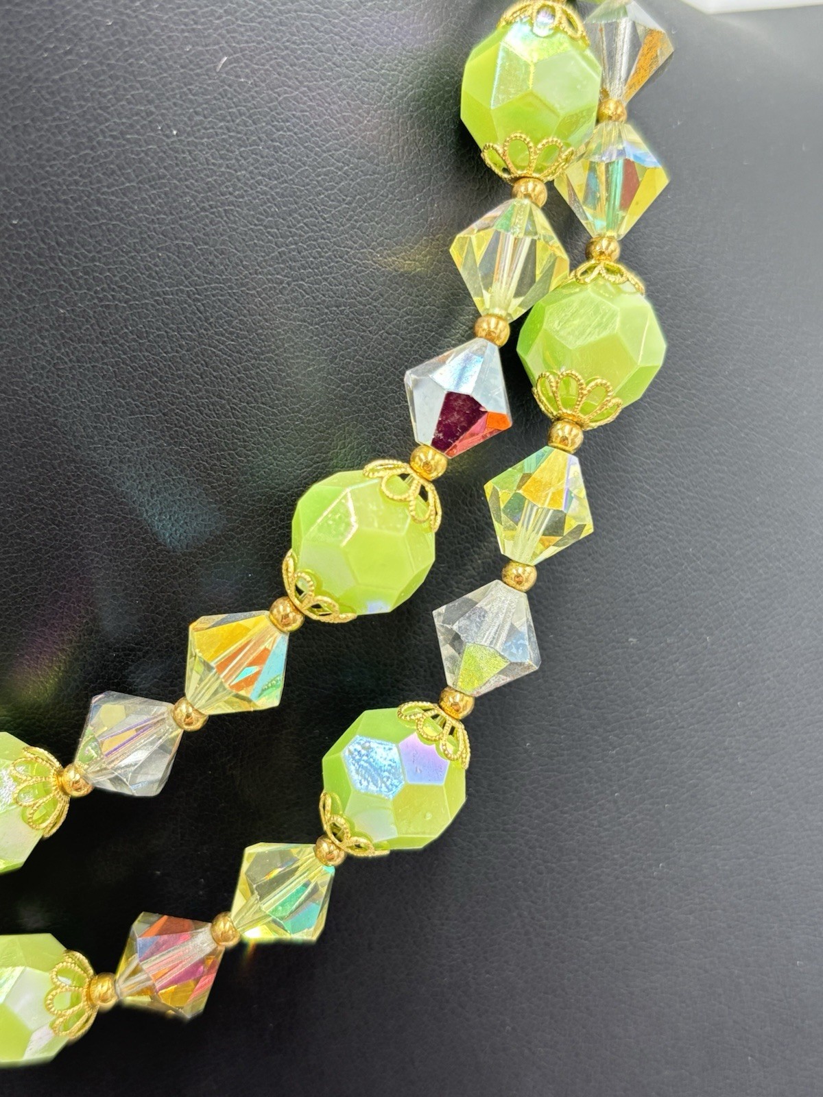 Vintage Lucite Lime Neon Green Beaded Double Strand Necklace 15″