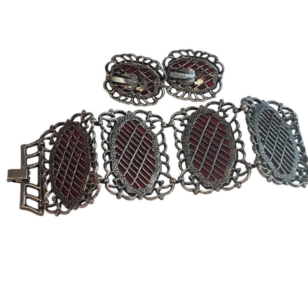 Vintage Red Cabochon Panel Bracelet & Clip Earrings Set Silver Tone Filigree