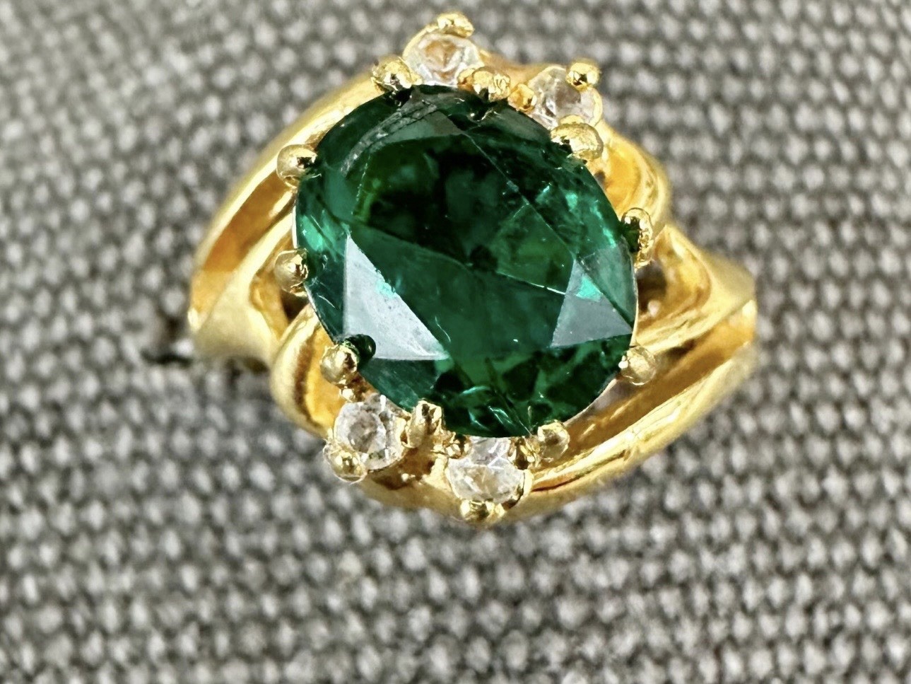 14k Yellow Gold Electroplate Emerald Green Crystal Cocktail Ring Large Size 10