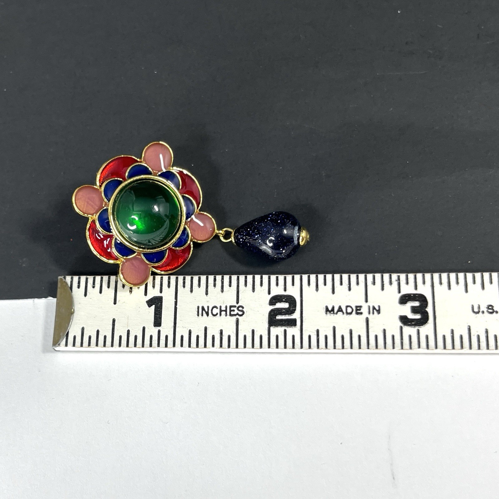 Gripoix Style Flower Earrings Enamel Glass Green Pink Gold Tone Cabochon Pierced