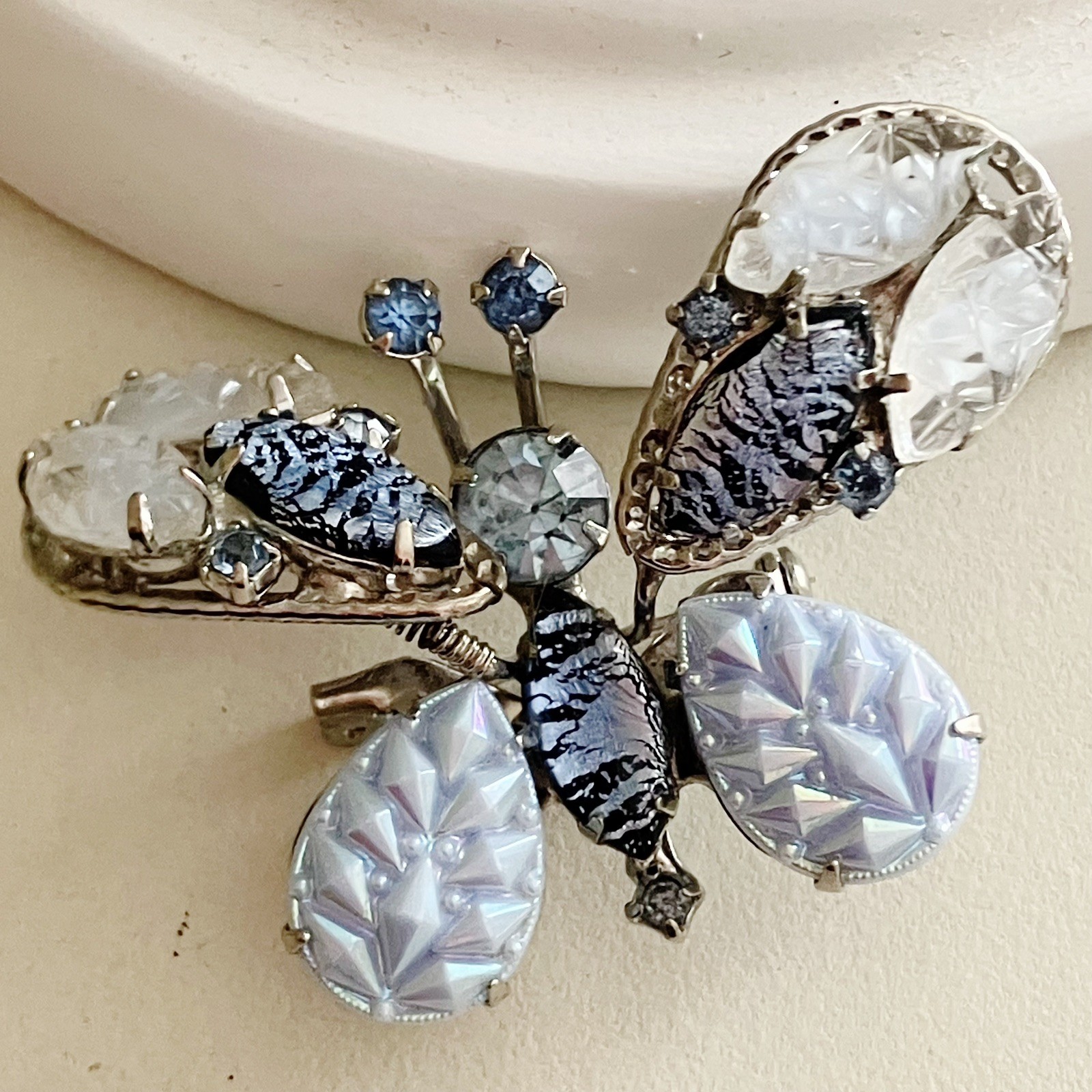 Vintage Butterfly Trembler Brooch Silver Filigree Foil Glass Stones Molded Art