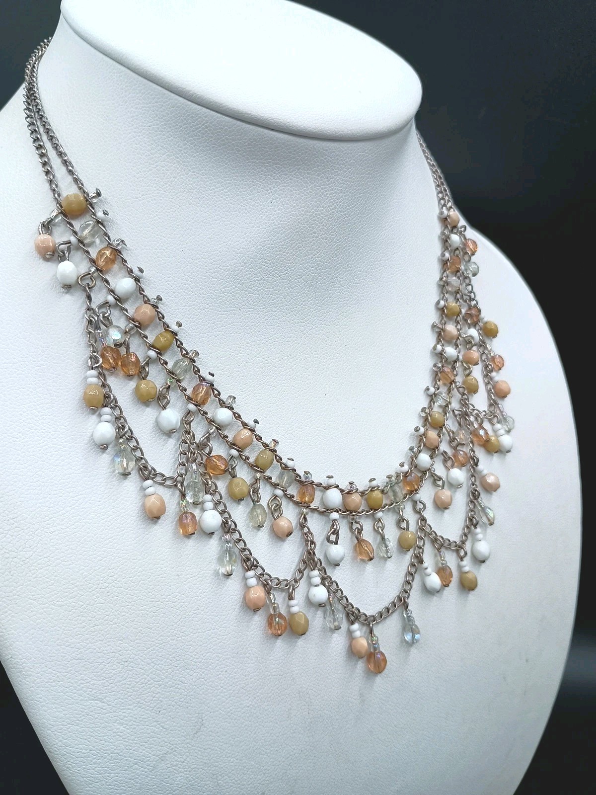 Art Deco Revival Necklace Festoon Gothic Fringe Bead Bib AB Fall Silver Tone 16″
