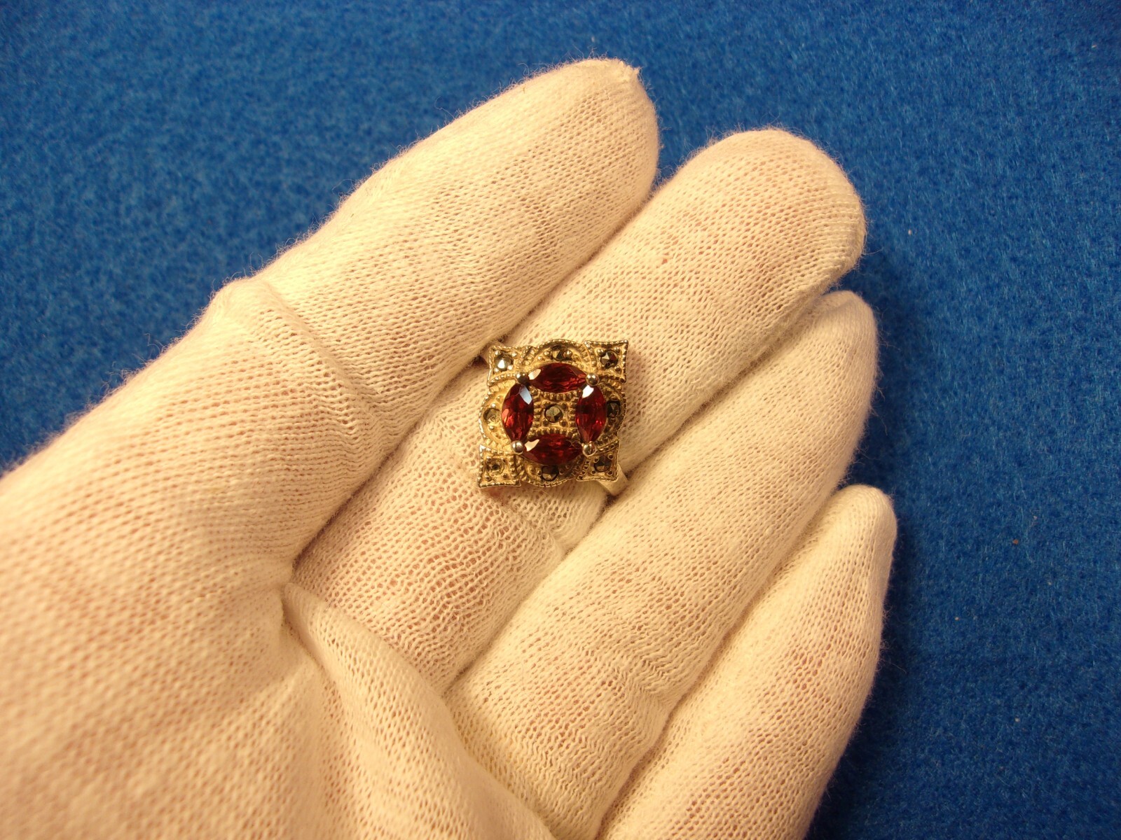 #3 of 6, SUPERB OLDER VTG LADY’S STERLING SLVER, ORANGE GARNET & MARCASITE RING