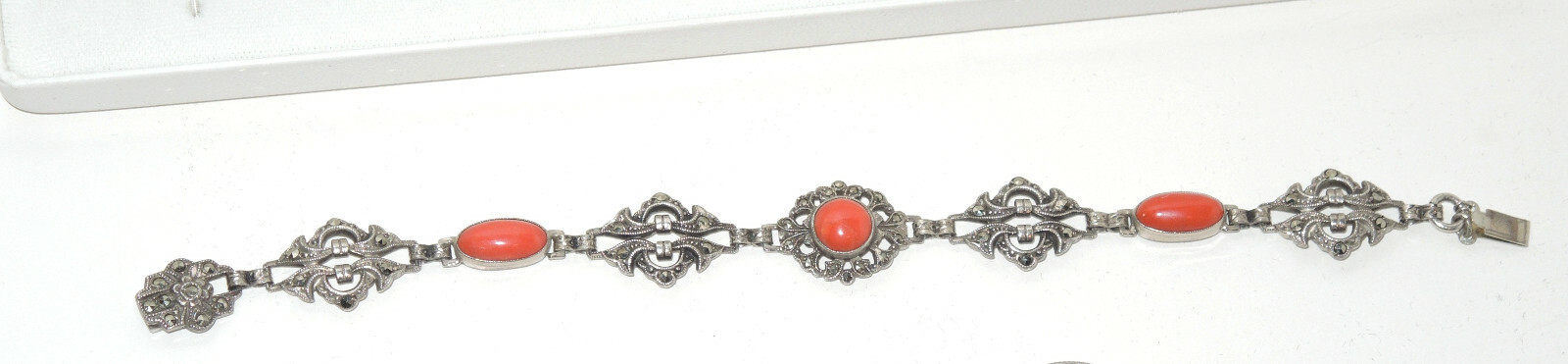 1920’s Art Deco Sterling Openwork Links Bracelet with Coral & Marcasites