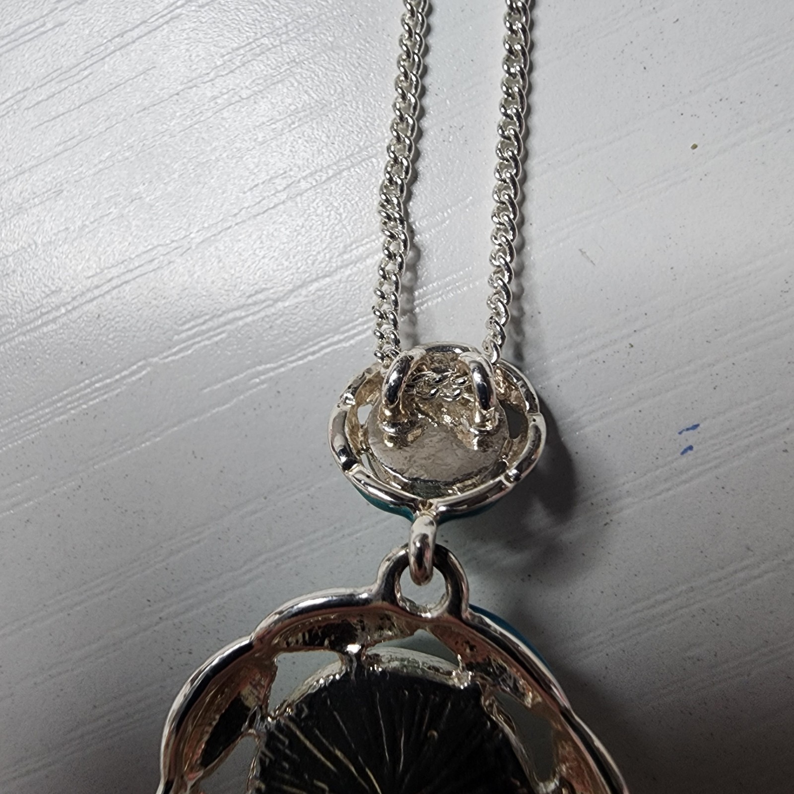 Vintage AVON Signed SAQ Faux Turquoise Blue Enamel Pendant Necklace Silver Toned