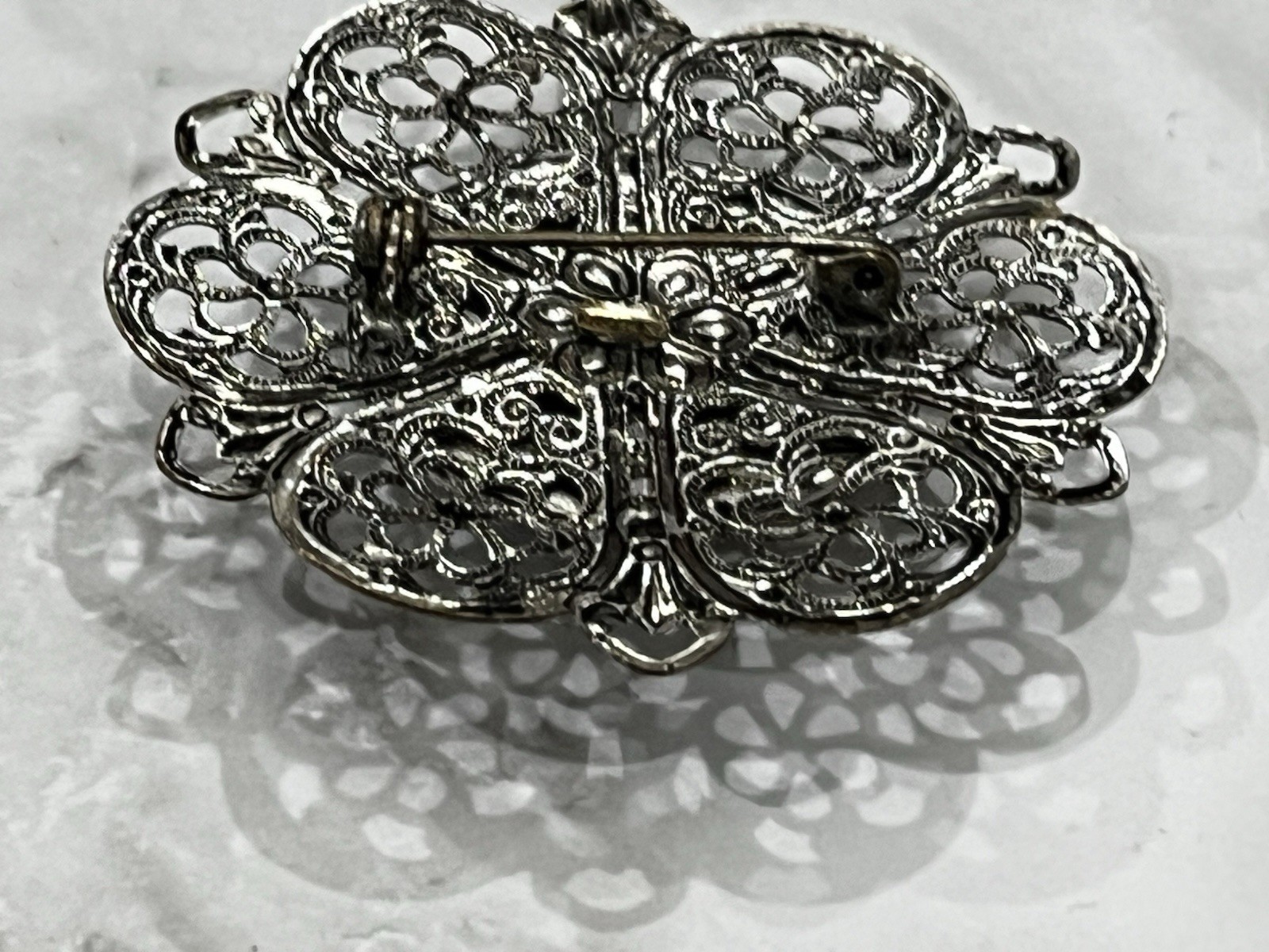 Vintage Silver Tone Austria Pendant Brooch Embroidered Petit Point Rose Bouquet