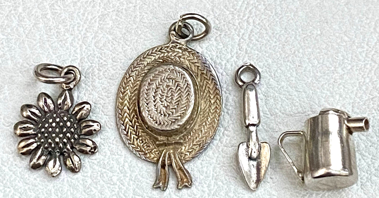 Vintage Sterling Silver Gardening Charms Straw Hat & Sunflower Spade Water Can