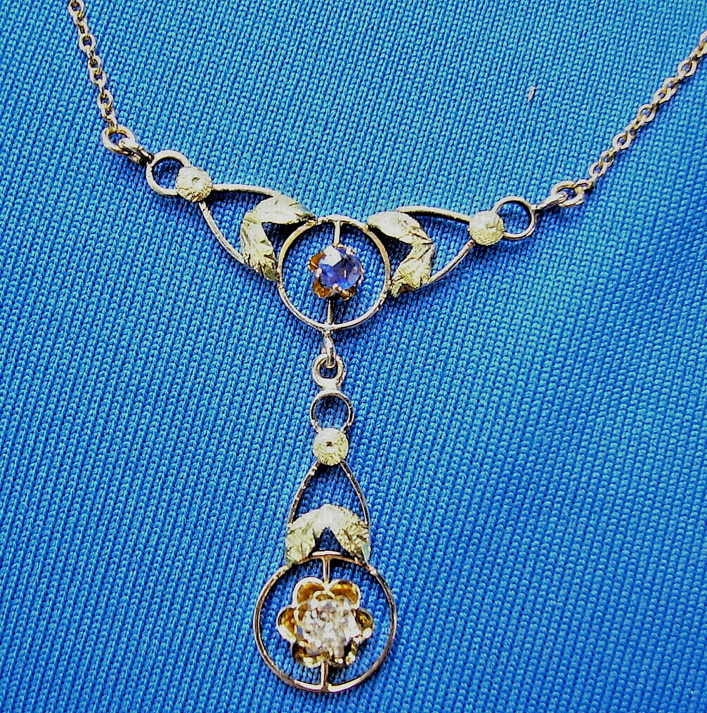 Original EARTH MINED DIAMOND SAPPHIRE Deco Pendant 14K GOLD Antique Necklaces