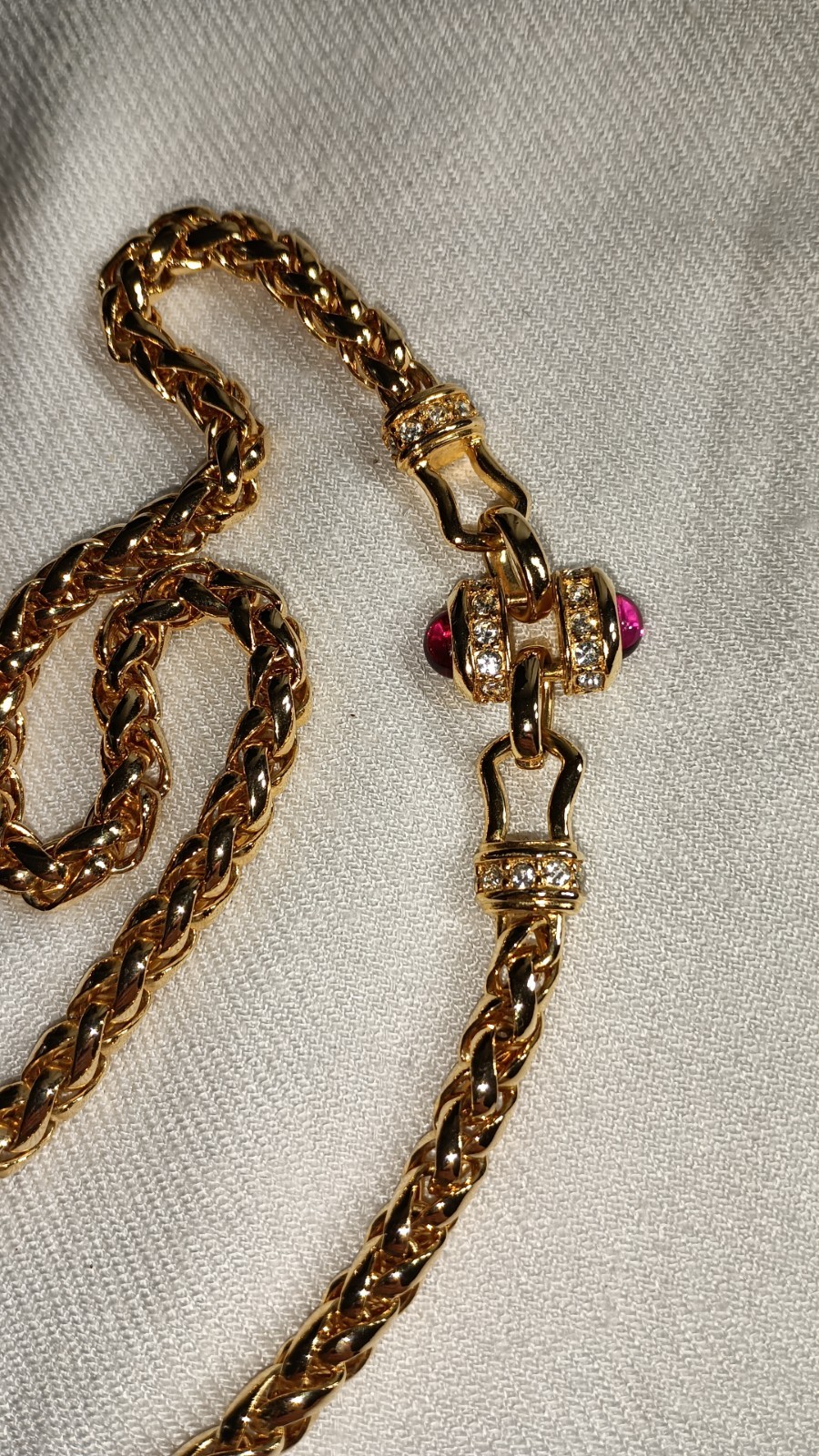 VTG Nolan Miller Chunky Red Cabochon Gold Tone Long Spiga Wheat Chain Necklace