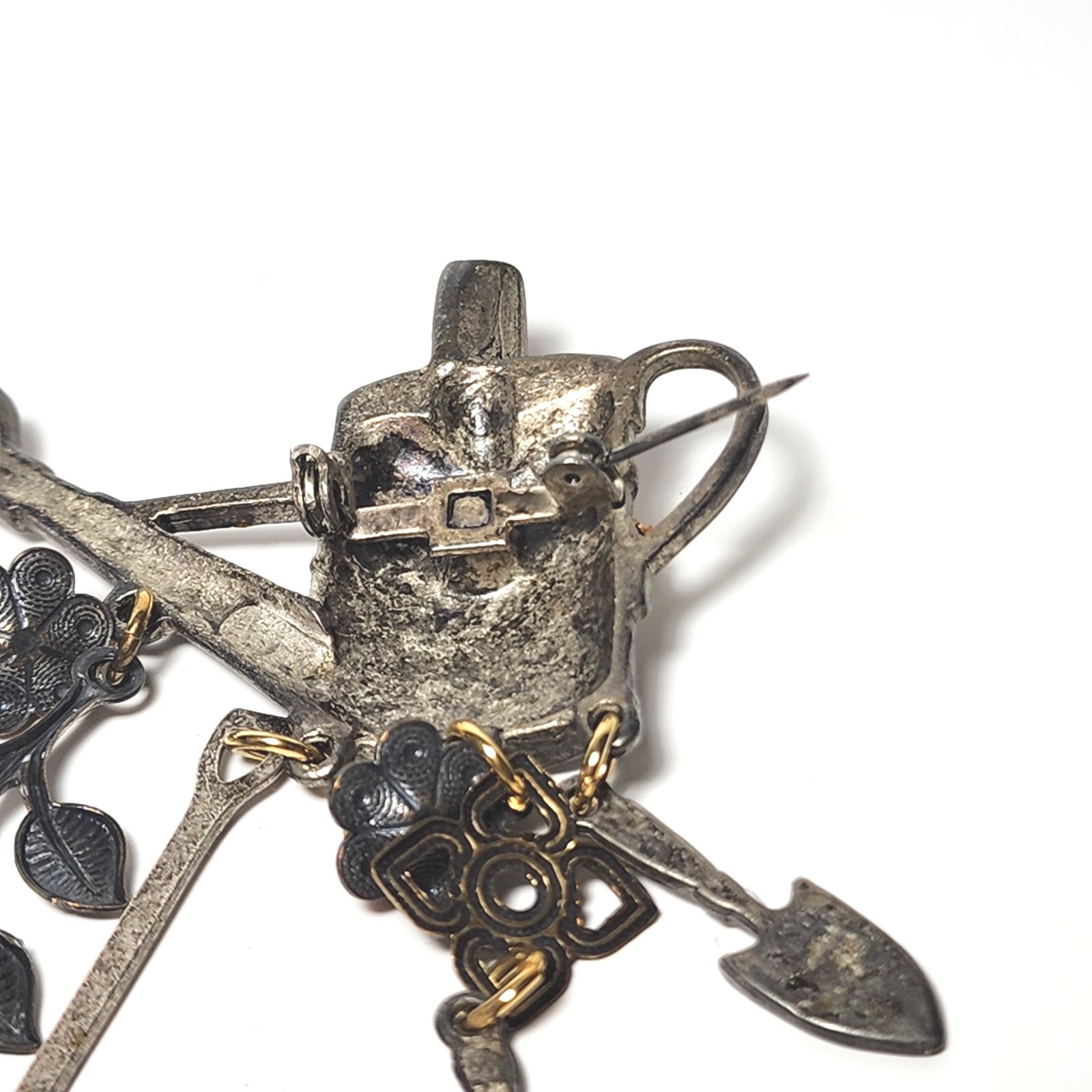 Vintage Jewelry Pewter Metal Garden Brooch Pin w Rhinestones & Gold Flowers