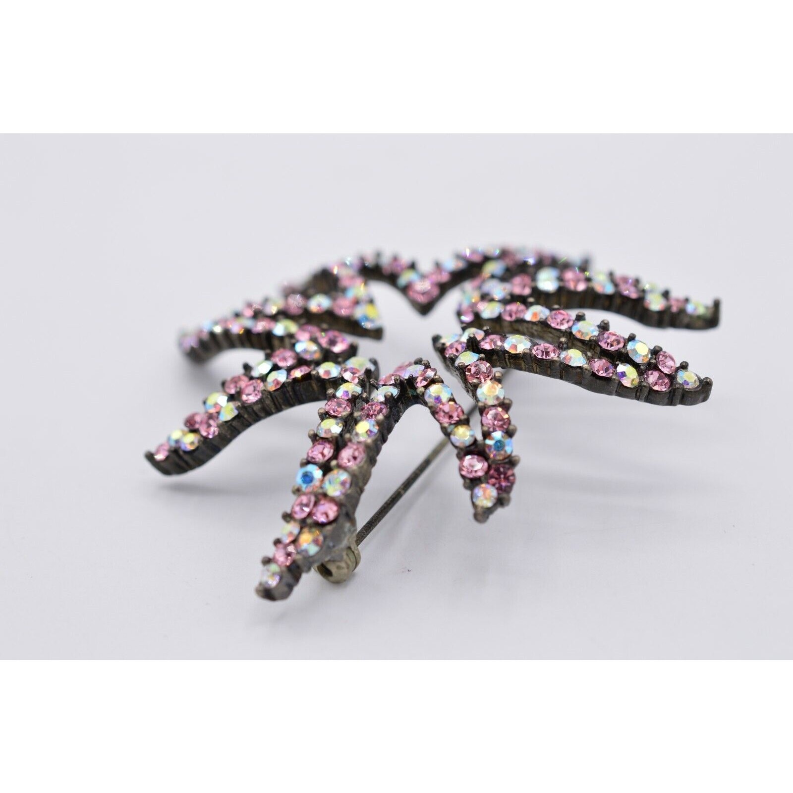 Givenchy Vintage Crystal Flower Star Pin Brooch AB Pink Gunmetal Signed 80s Bin8