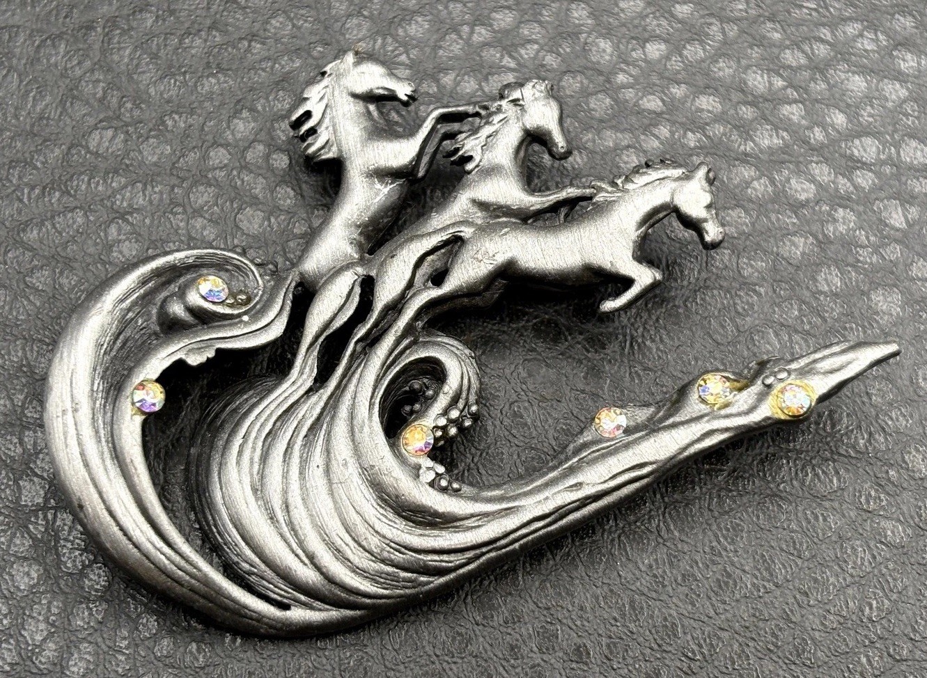 VTG Horses Riding Waves Equestrian AJC Pewter Aurora Borealis Crystal Brooch Pin