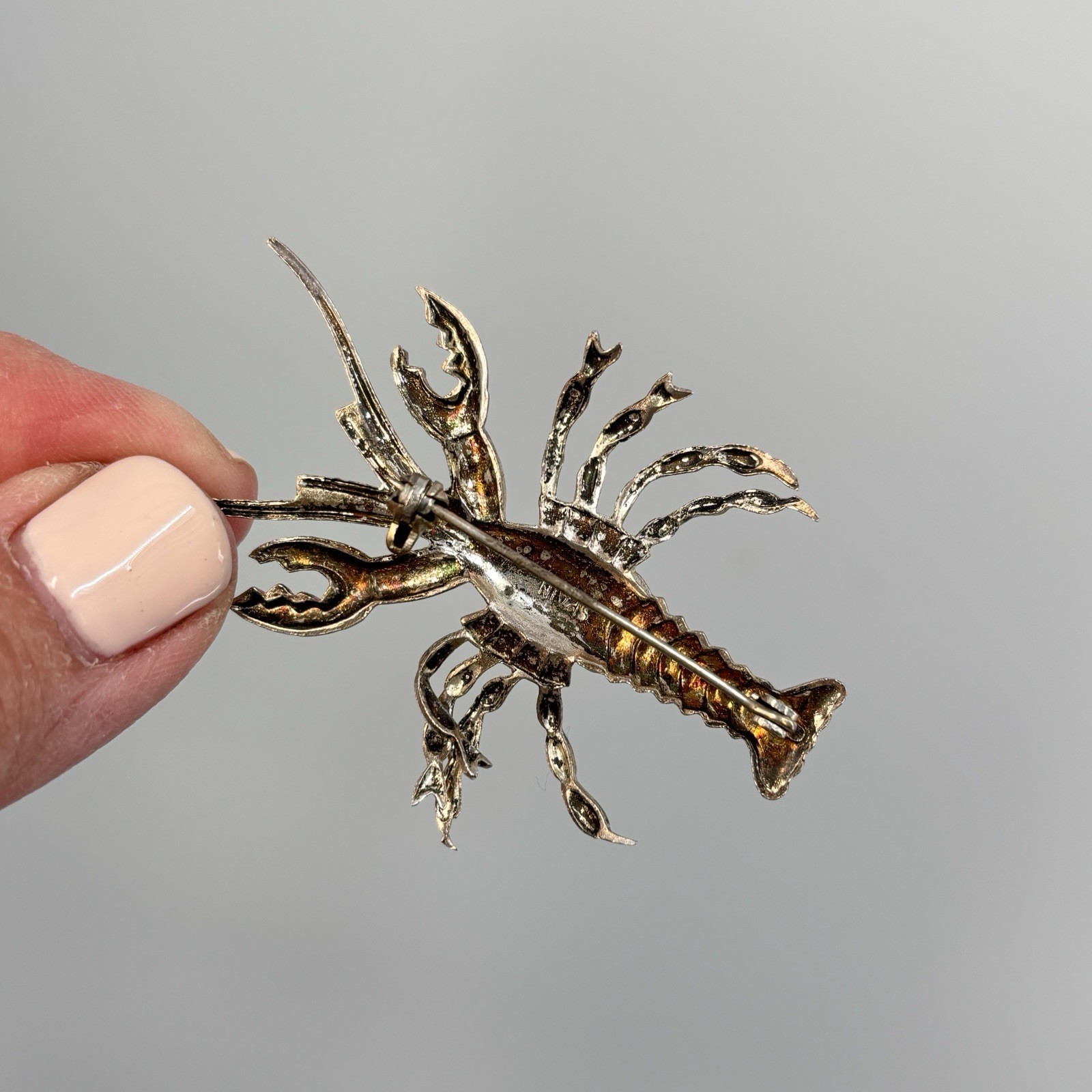 Vintage Spain Lobster Brooch Red Enamel Silver Tone Figural Crayfish Pin