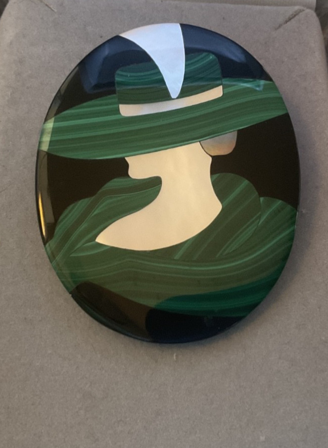 VINTAGE Black onyx Brooch Pin Pendant lady in a big hat malachite onyx MOP