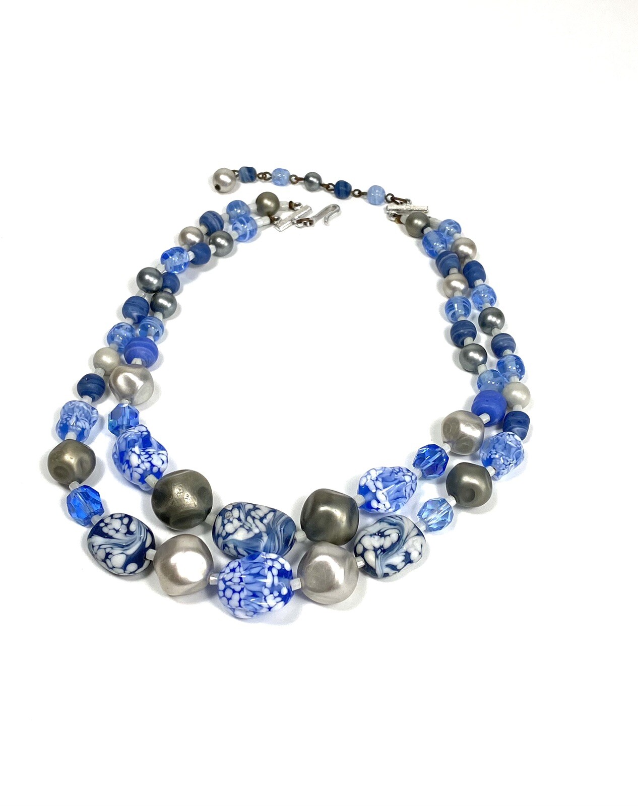 Japan Necklace Two strands Blue Glass Acrylic Beads 14”+ 2”