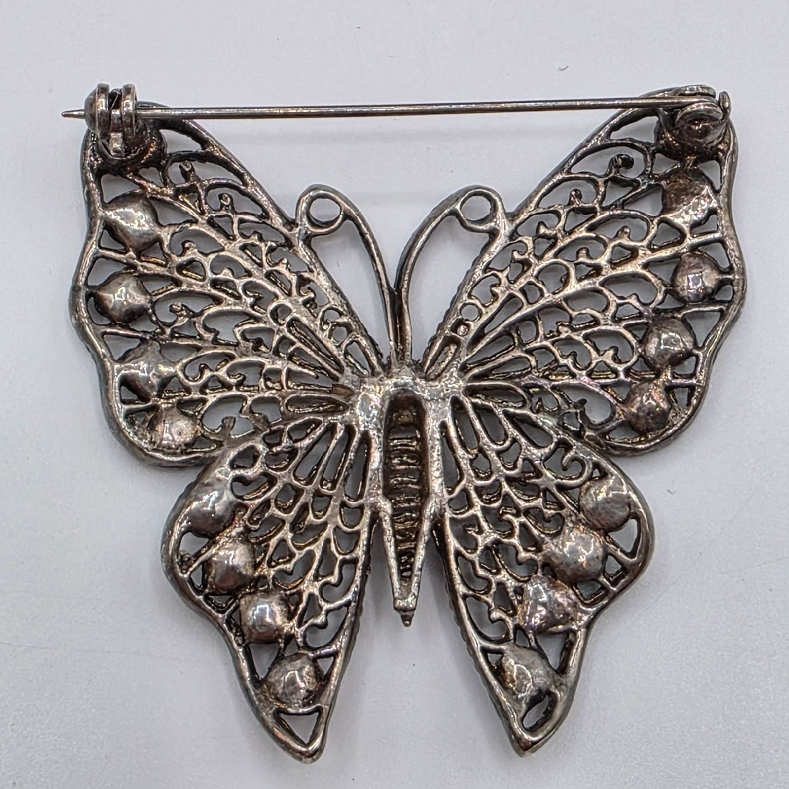Vintage Filigree Butterfly Brooch Rhinestone Silver Tone Metal Pin Jewelry