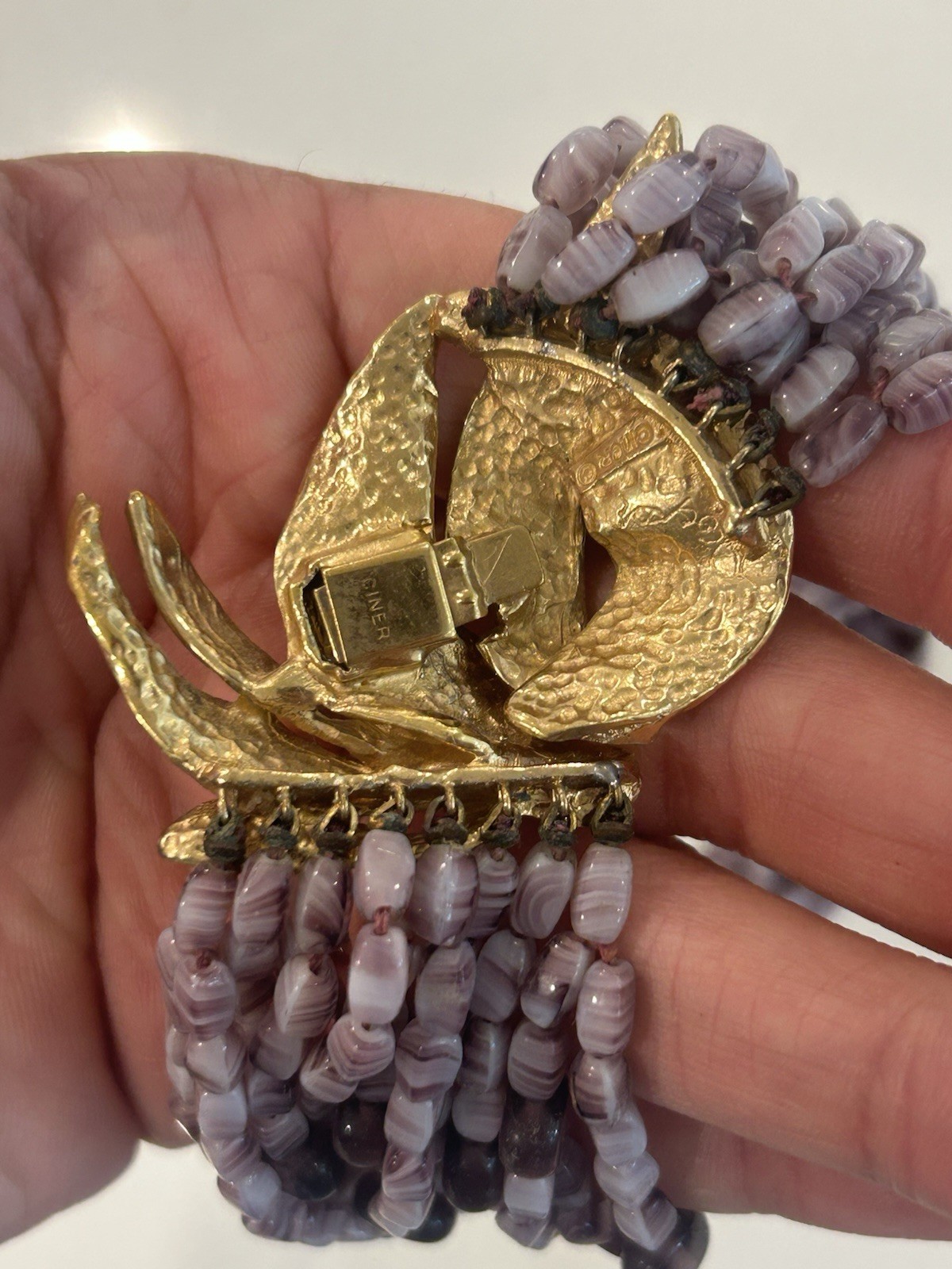 Vintage Ciner Torsade Necklace Amethyst Purple Glass Bead Sculptural Gold Clasp