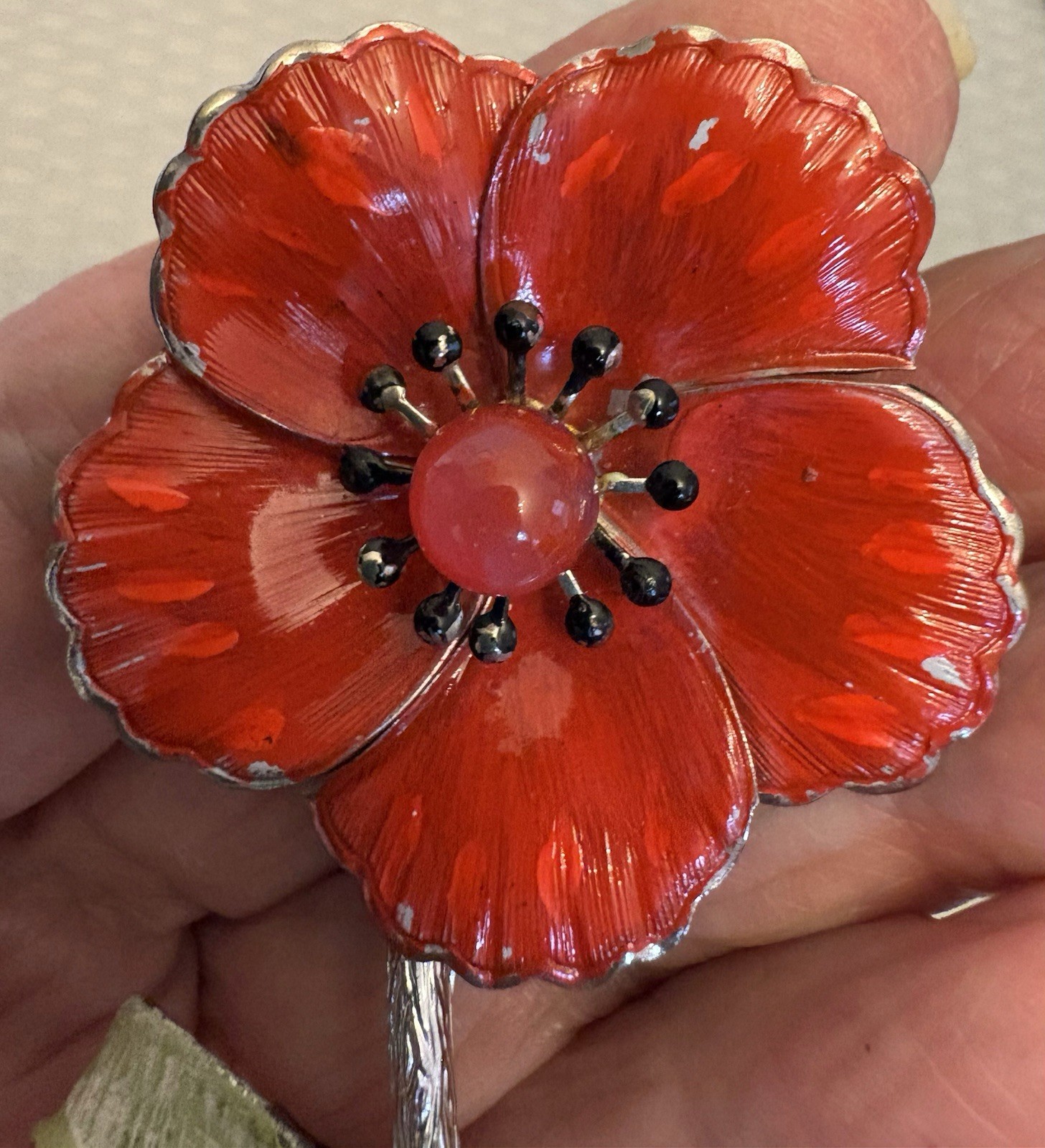Vintage 60s Enamel Flower Power Brooch Long Stem Red Poppy Silvertone 4.25″