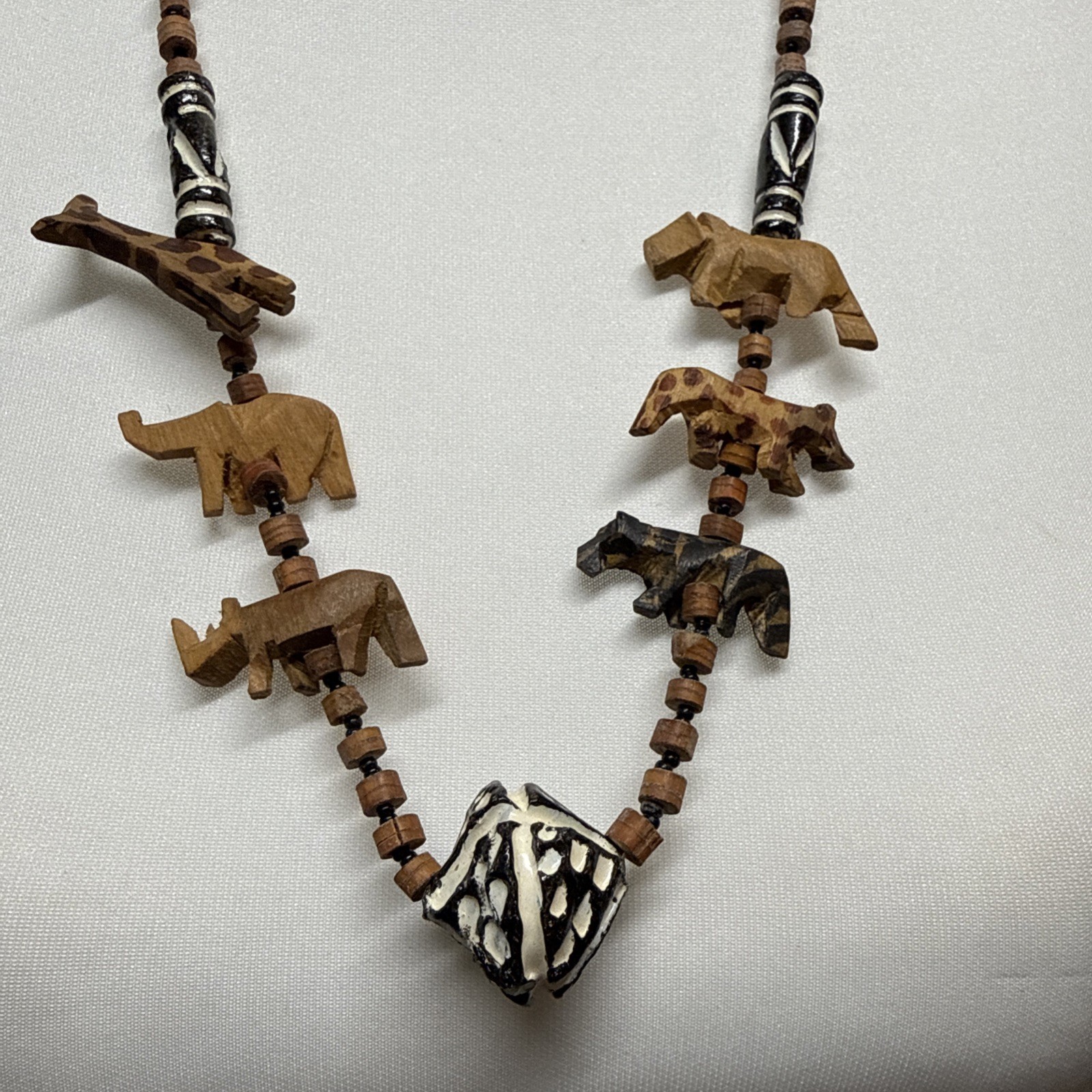 Vintage African Necklace Hand Carved Wooden Safari Animal Beads
