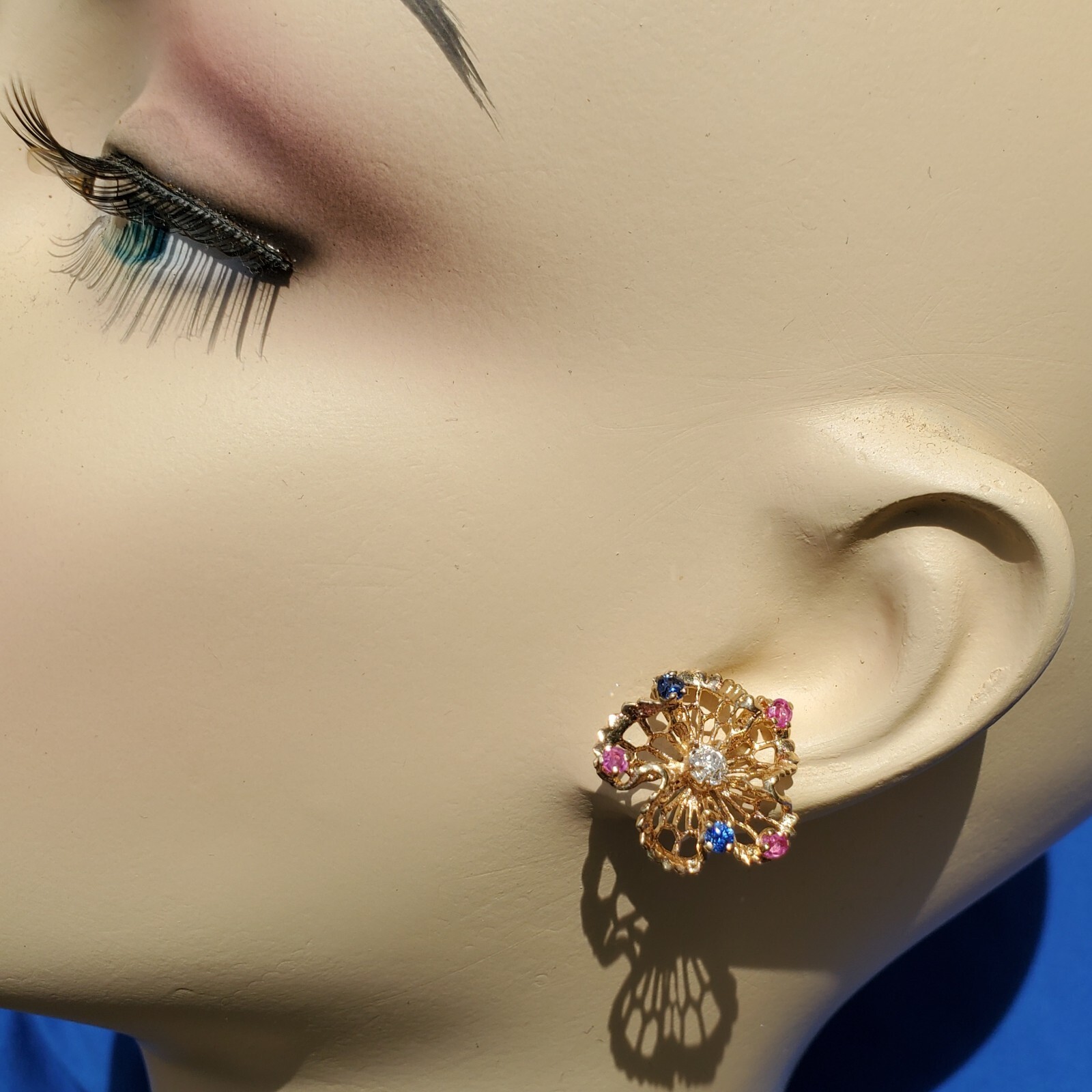 Original EARTH MINED DIAMOND Sapphire Ruby Deco Earrings Vintage SOLID 14K GOLD