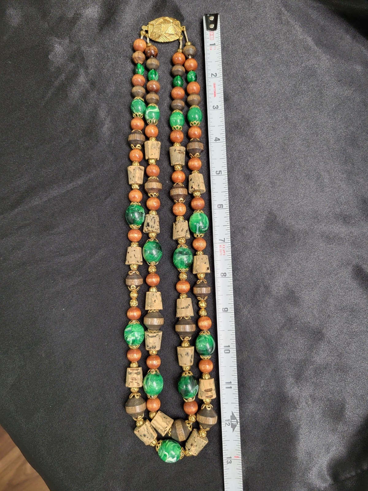 Vintage Multi Strand Beaded Necklace Wood Faux Malachite Cork Boho Statement