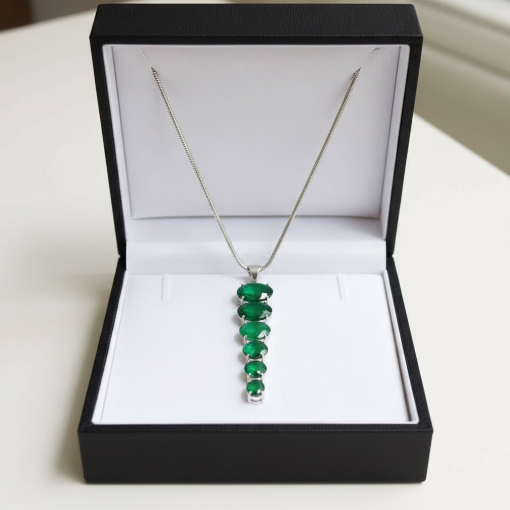 Emerald Sterling Silver Pendant Necklace: Colombian Oval Gemstone, May Birthston