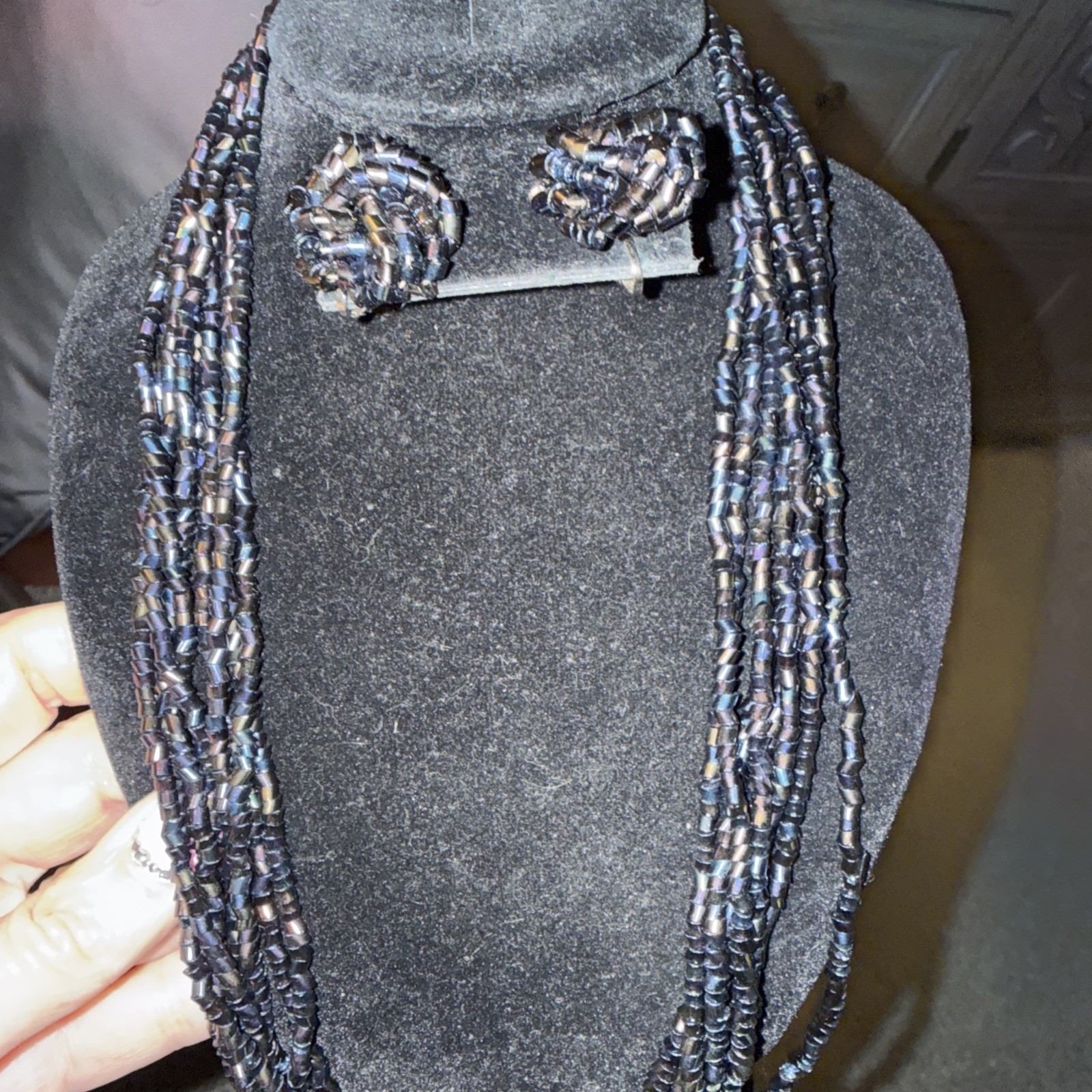 Vintage Carnival Bead, Glass, Twisted Necklace, And Clip On Earrings Set